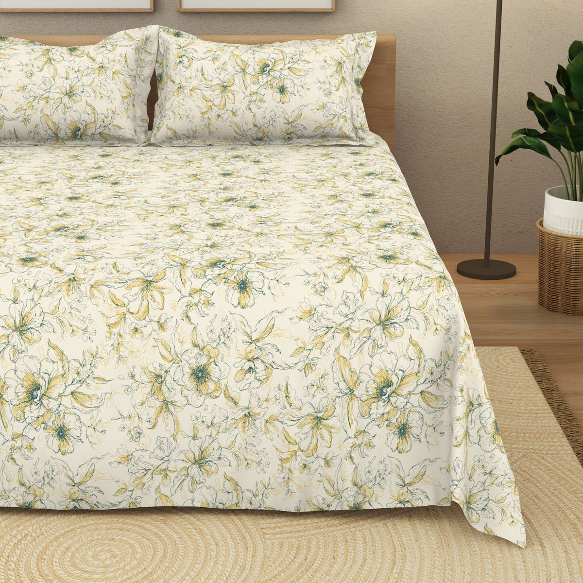 The Elite Collection | King Bedsheet Set | 180 TC Cotton | Yellow Fern