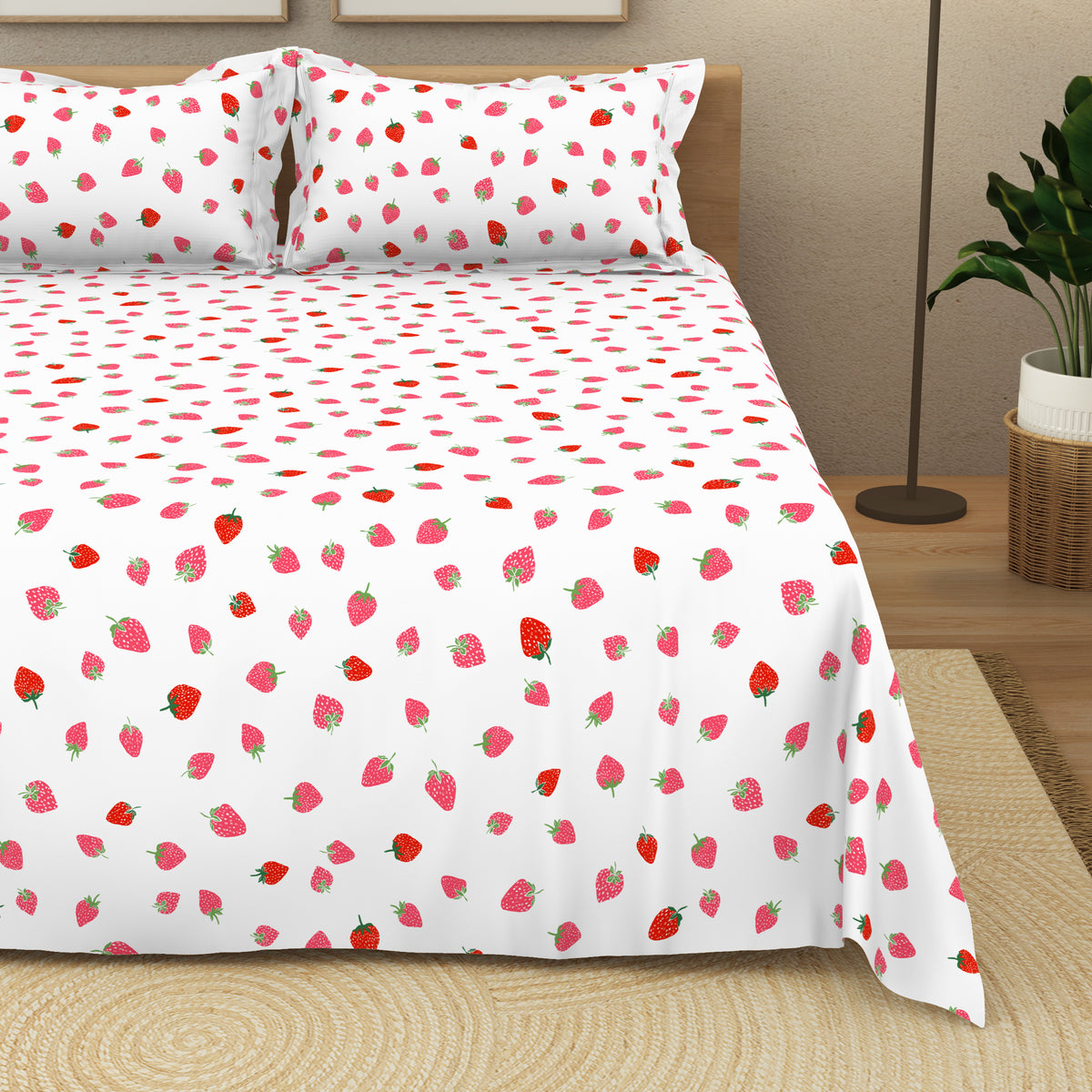 The Elegant Collection | Printed Double Bedsheet Set | 190 TC Cotton | Tossed Strawbery-Red