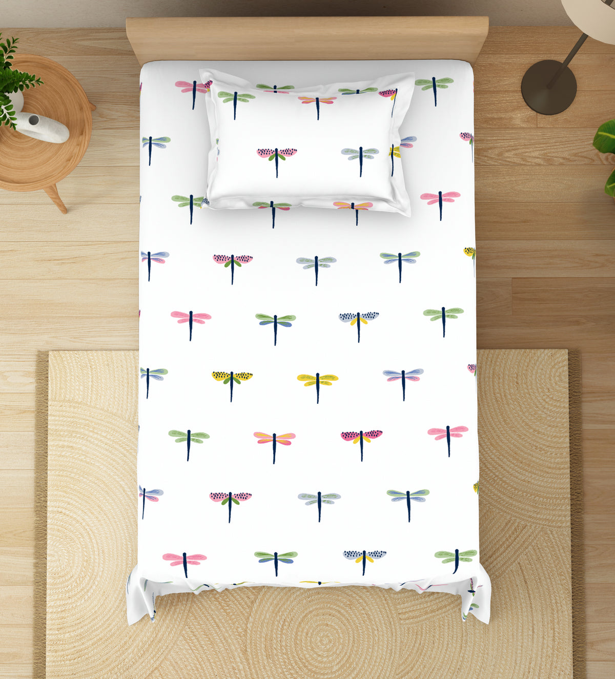 The Elegant Collection | Printed Single Bedsheet Set | 190 TC Cotton | Dragon Fly-Multi