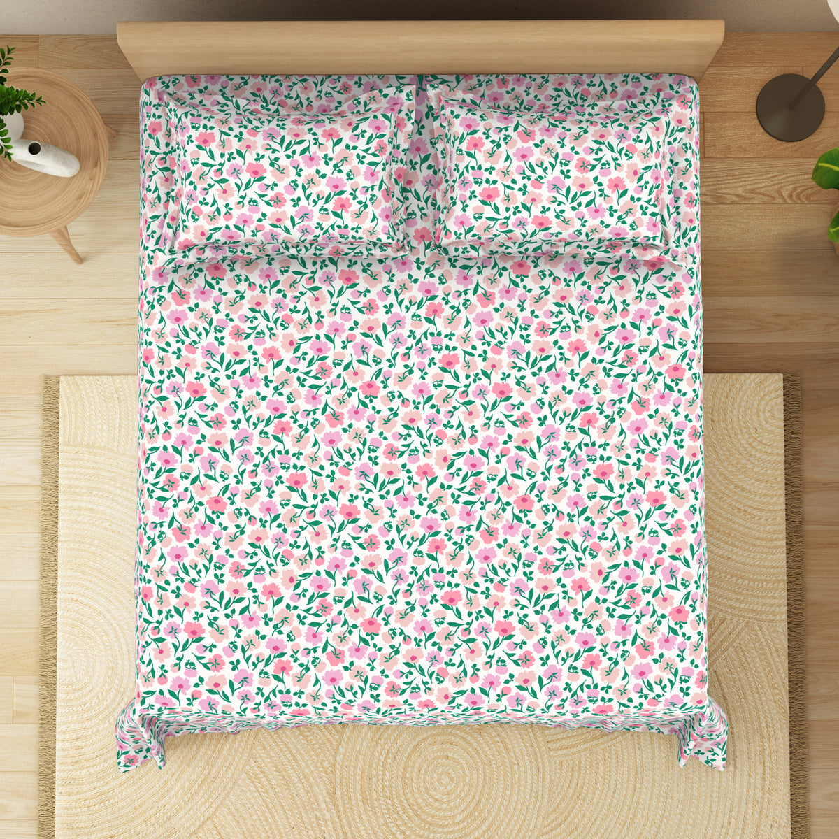 The Elegant Collection | Printed Double Bedsheet Set | 190 TC Cotton | Peony Party-Pink