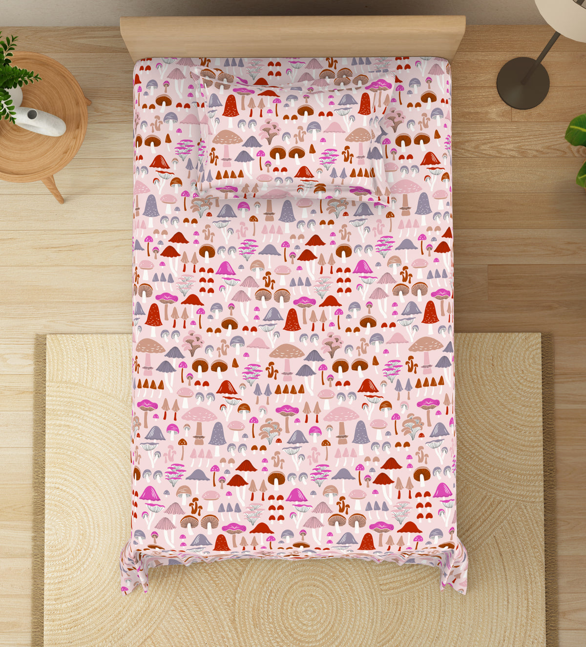 The Elegant Collection | Printed Single Bedsheet Set | 190 TC Cotton | Mushroom-Pink