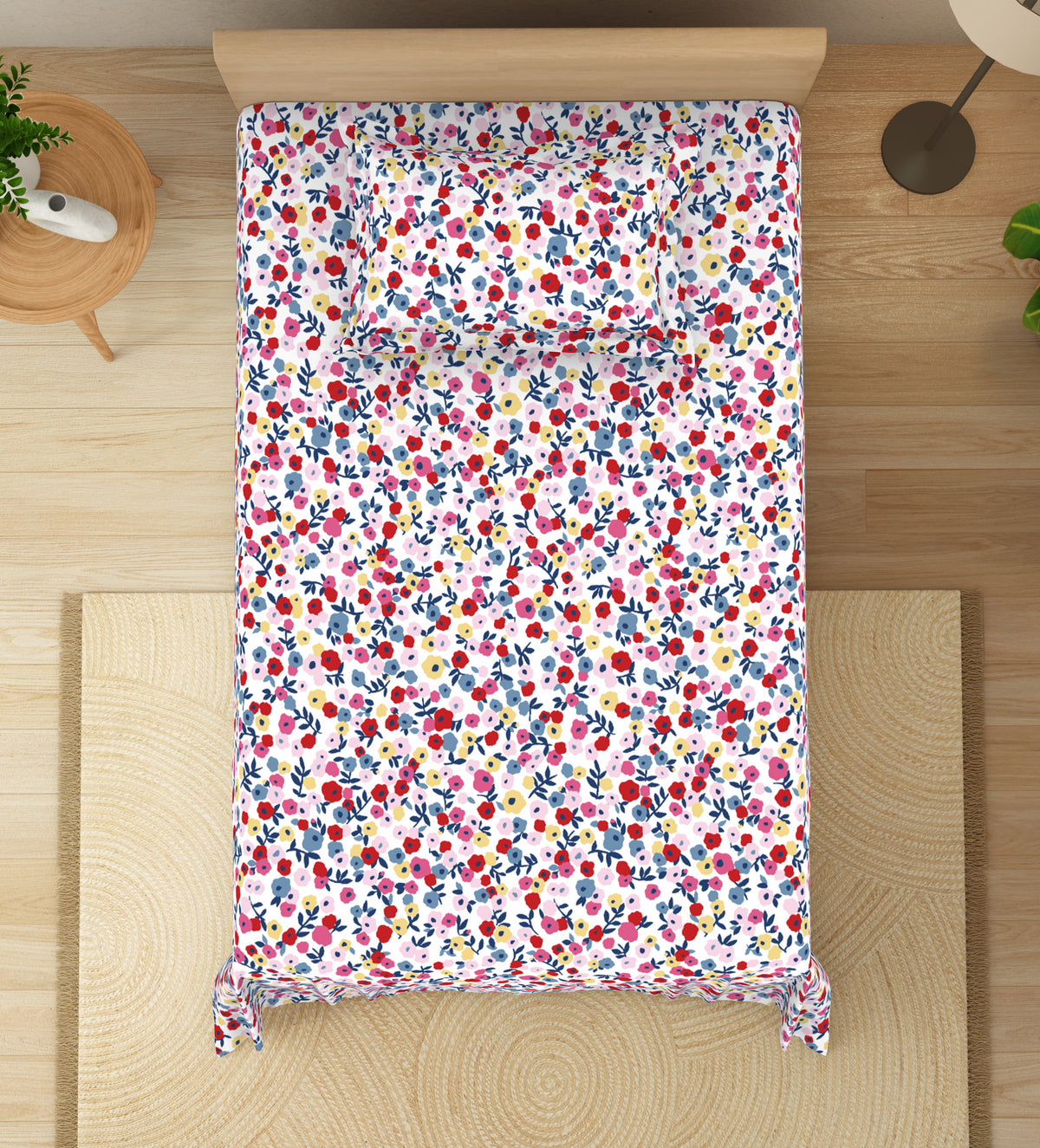 The Elegant Collection | Printed Single Bedsheet Set | 190 TC Cotton | Park Avenue Ditsy-Pink Green