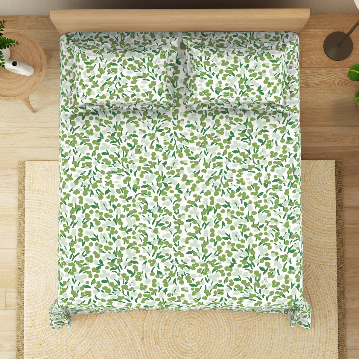 The Elegant Collection | Printed Double Bedsheet Set | 190 TC Cotton | Breezy Buds-Turtle Grn