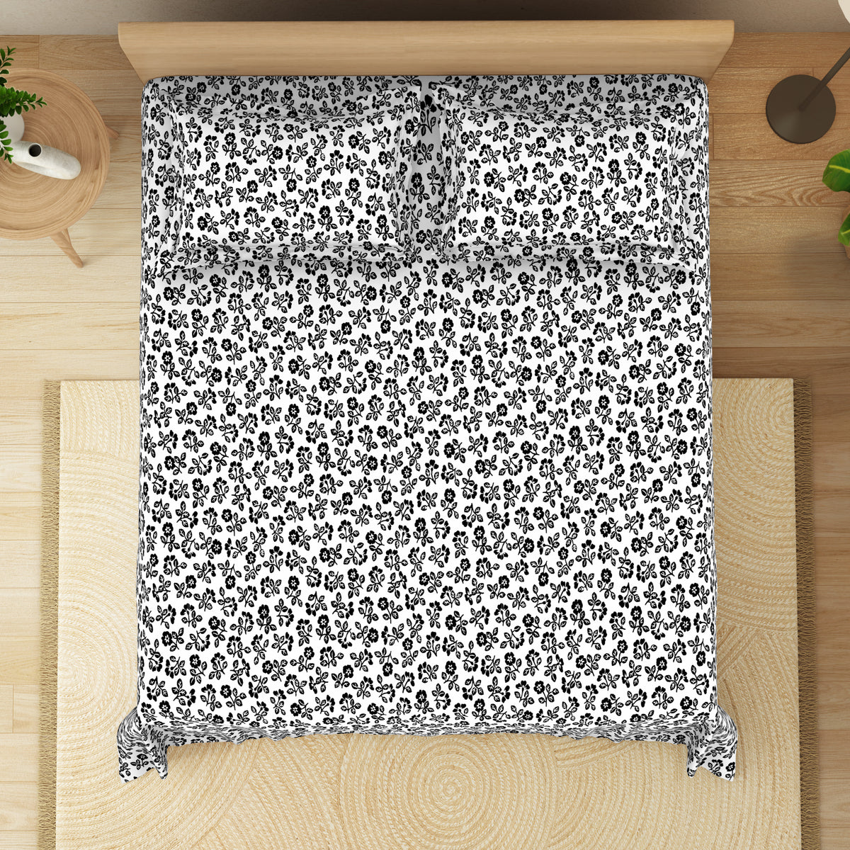 The Elegant Collection | Printed Double Bedsheet Set | 190 TC Cotton | Plain Ditsy-Black