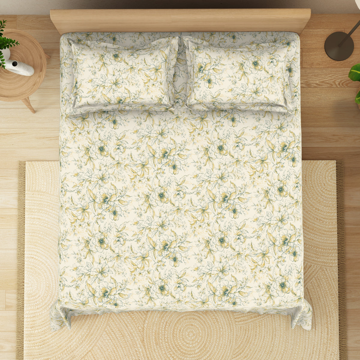 The Elite Collection | King Bedsheet Set | 180 TC Cotton | Yellow Fern