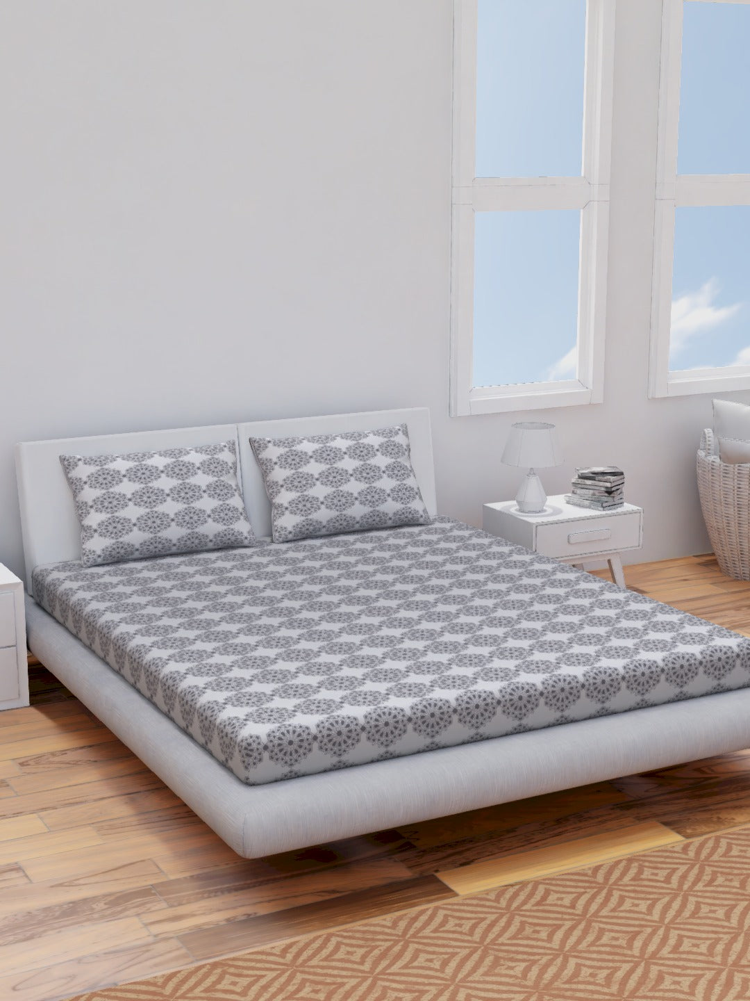 The Comfort Collection  | Printed Double Bedsheet Set | 144 TC Percale Print | Soft Charcoal