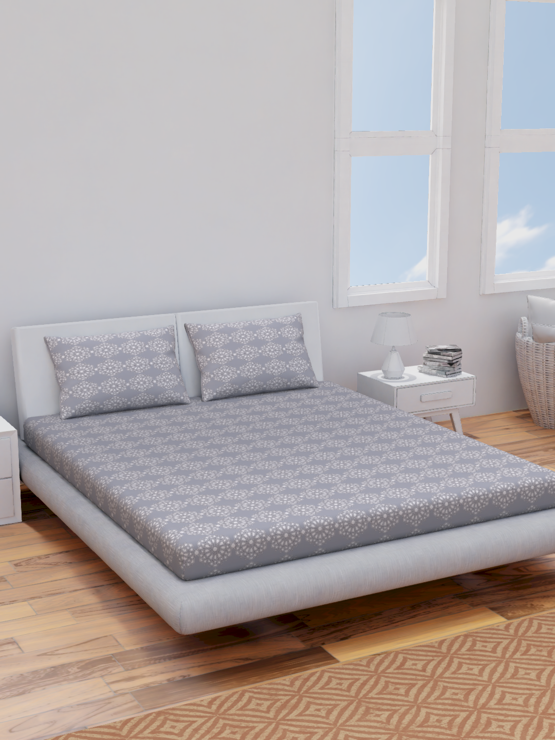 The Comfort Collection  | Printed Double Bedsheet Set | 144 TC Percale Print | Soft Charcoal