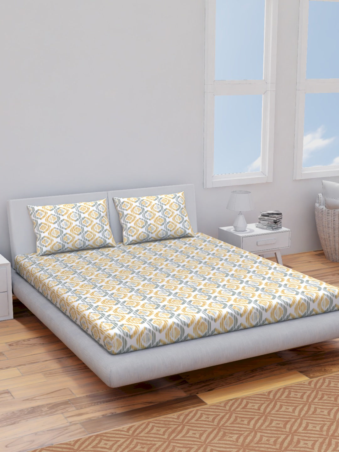 The Comfort Collection  | Printed Double Bedsheet Set | 144 TC Percale Print | Yellow Mint