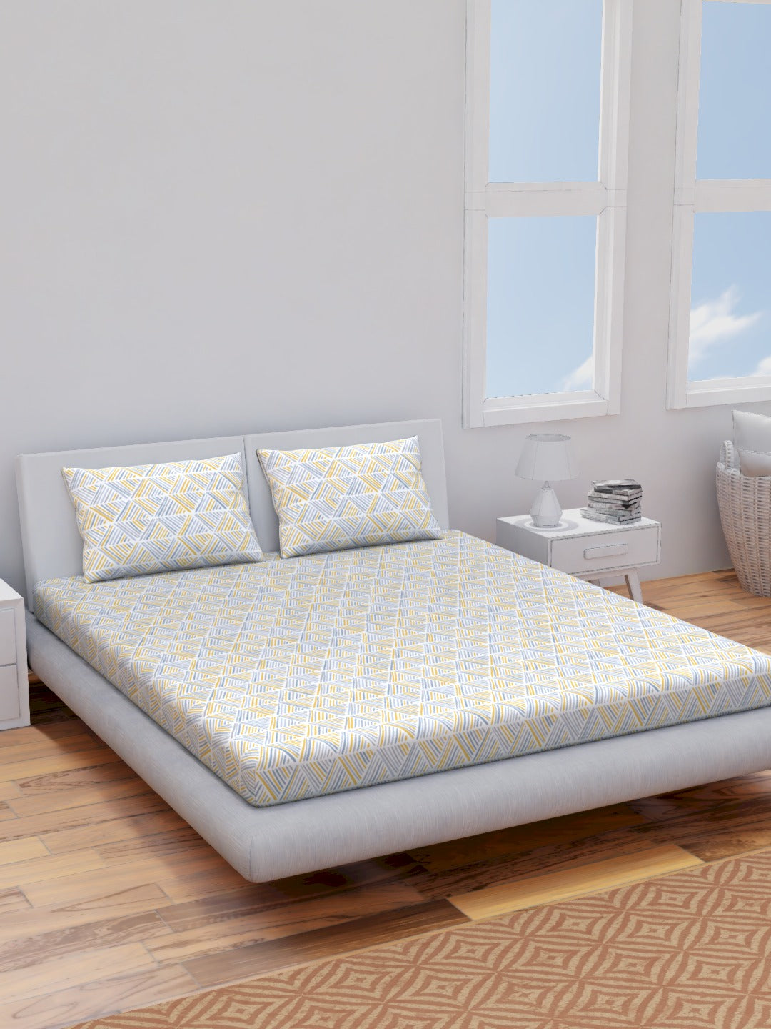 The Comfort Collection  | Printed Double Bedsheet Set | 144 TC Percale Print | Yellow Blues