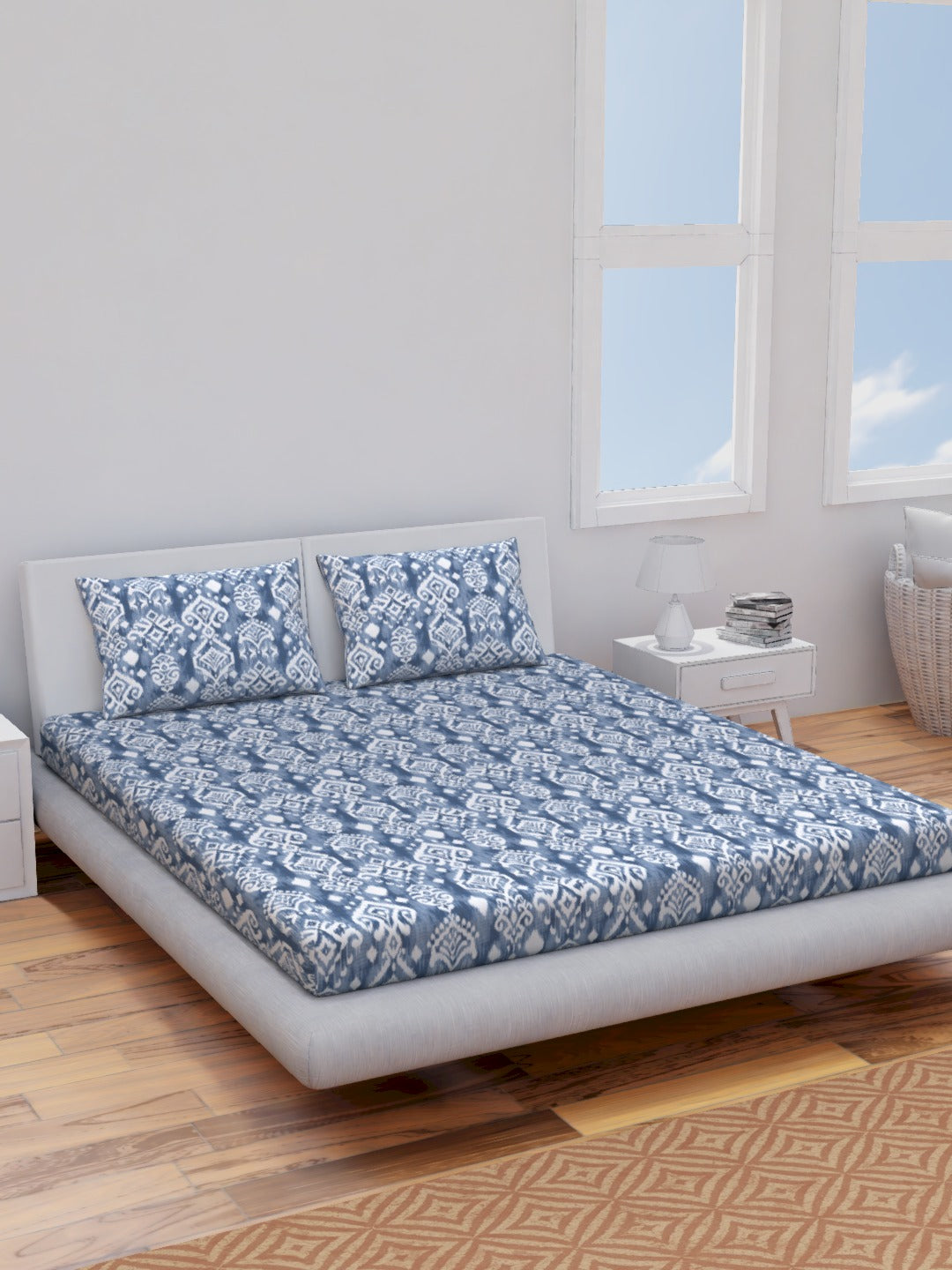 The Comfort Collection  | Printed Double Bedsheet Set | 144 TC Percale Print | Indigo