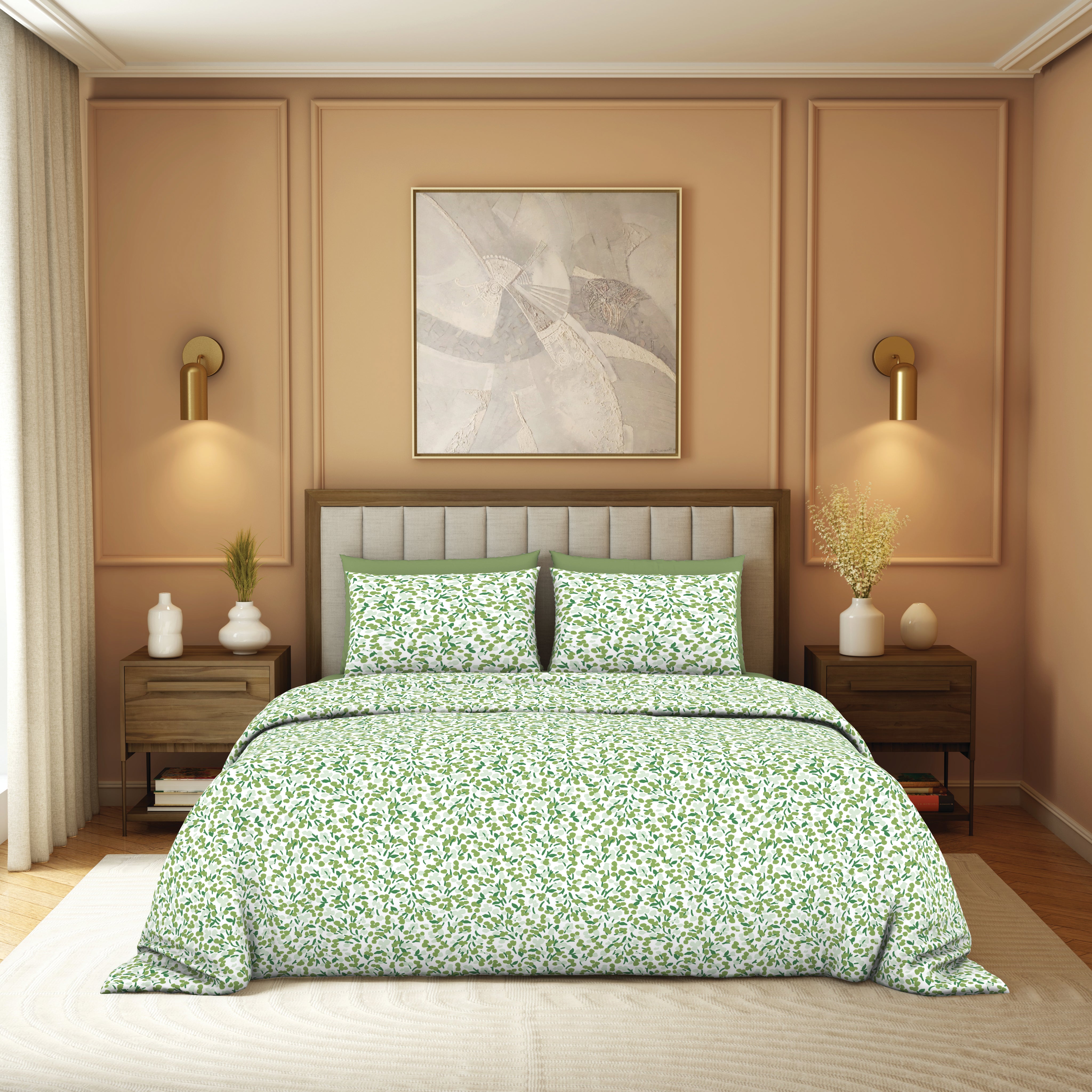 The Elegant Collection | Printed Double Bedsheet Set | 190 TC Cotton | Breezy Buds-Turtle Grn
