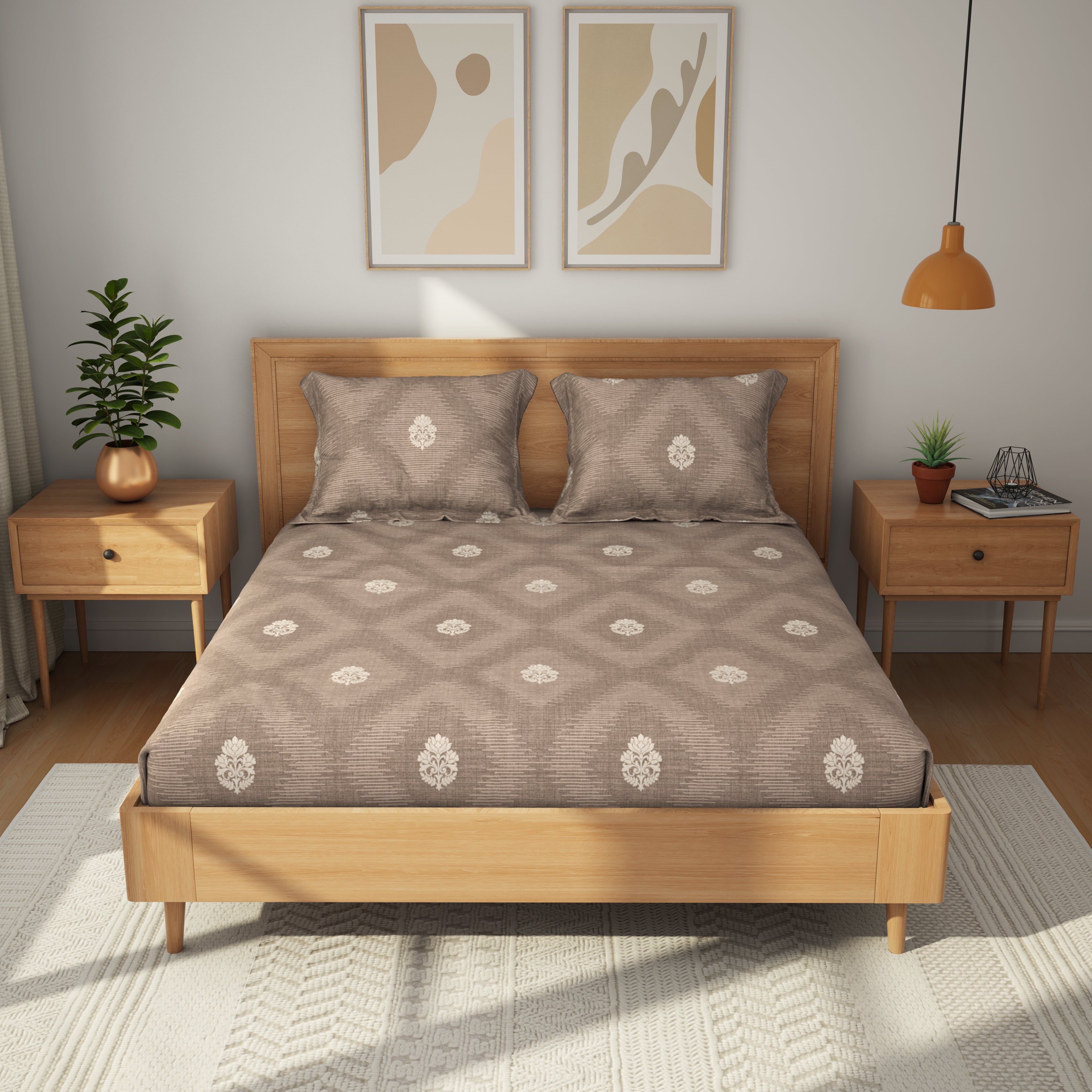 Comfort Collection, Classic | Printed King Bedsheet Set | 144 TC Cotton - Golden Beige by Himeya