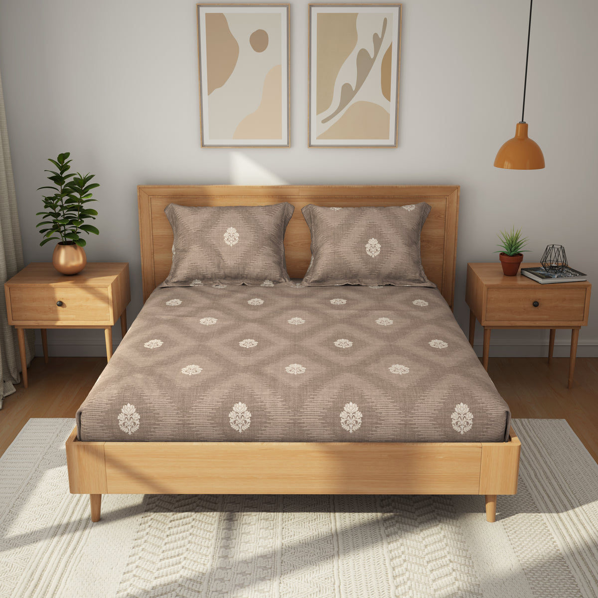 The Comfort Collection | Printed King Bedsheet Set | 144 TC Cotton | Golden Beige