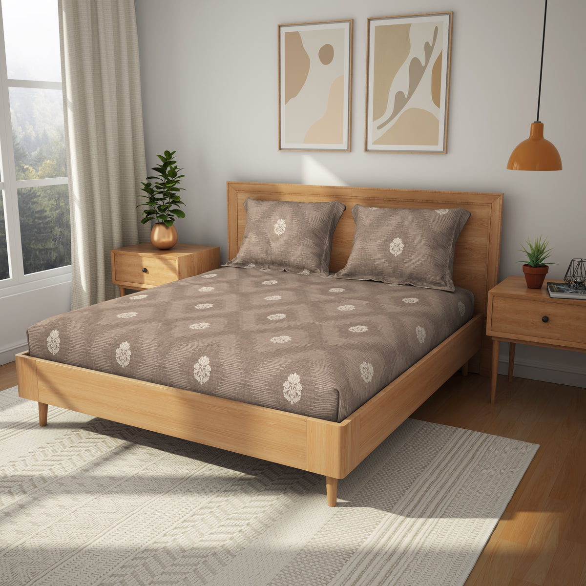 The Comfort Collection | Printed King Bedsheet Set | 144 TC Cotton | Golden Beige