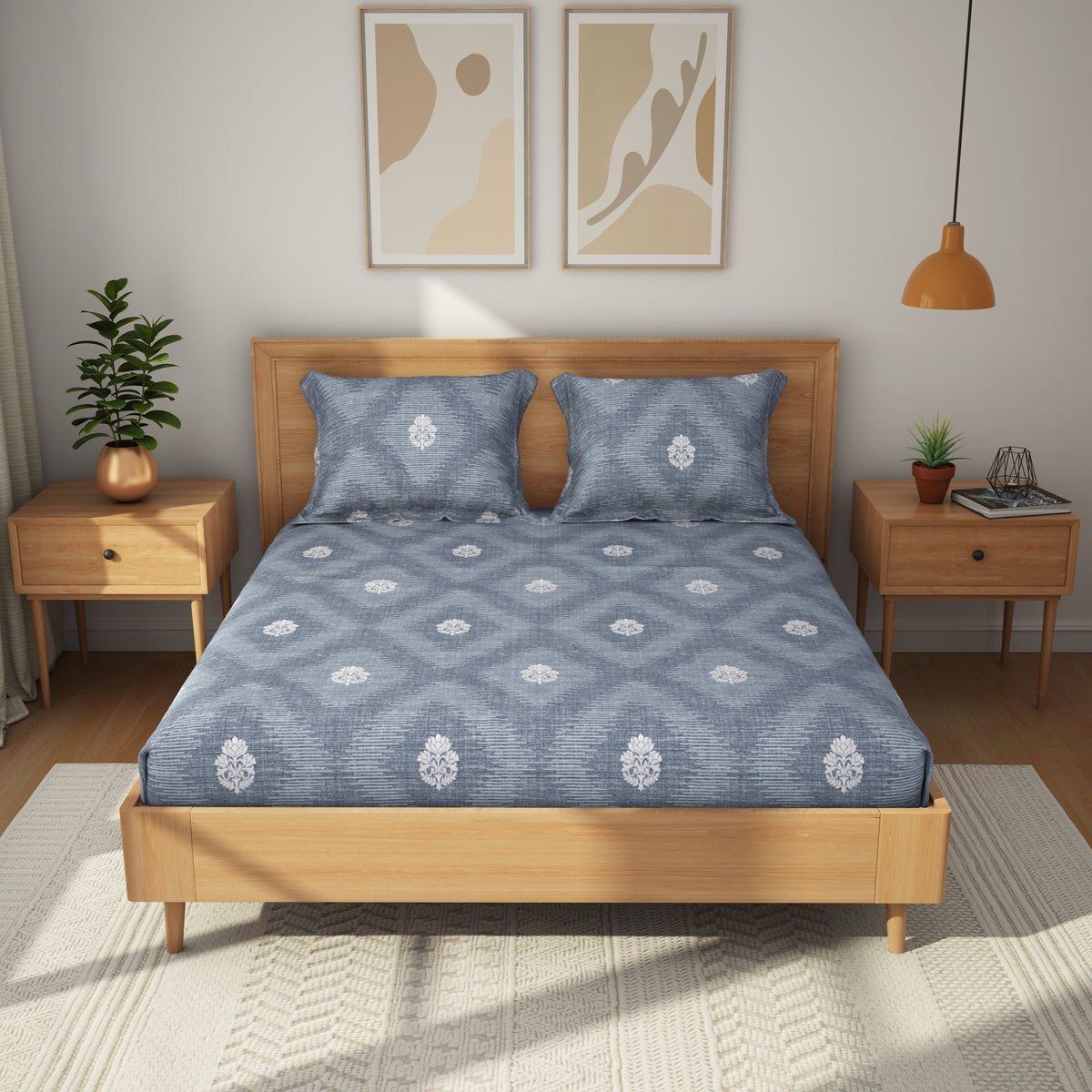 The Comfort Collection | Printed King Bedsheet Set | 144 TC Cotton | Indigo Silver
