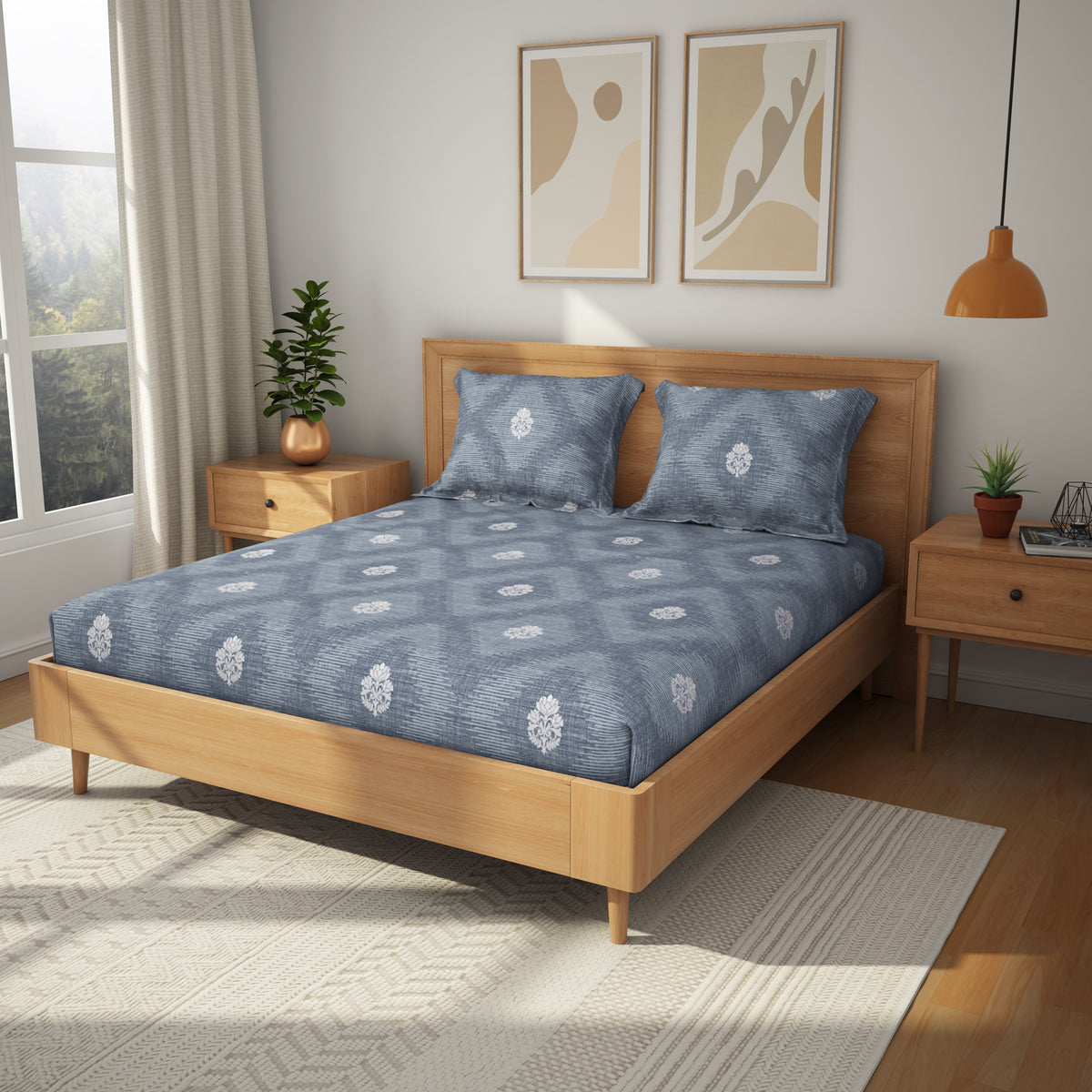 The Comfort Collection | Printed King Bedsheet Set | 144 TC Cotton | Indigo Silver