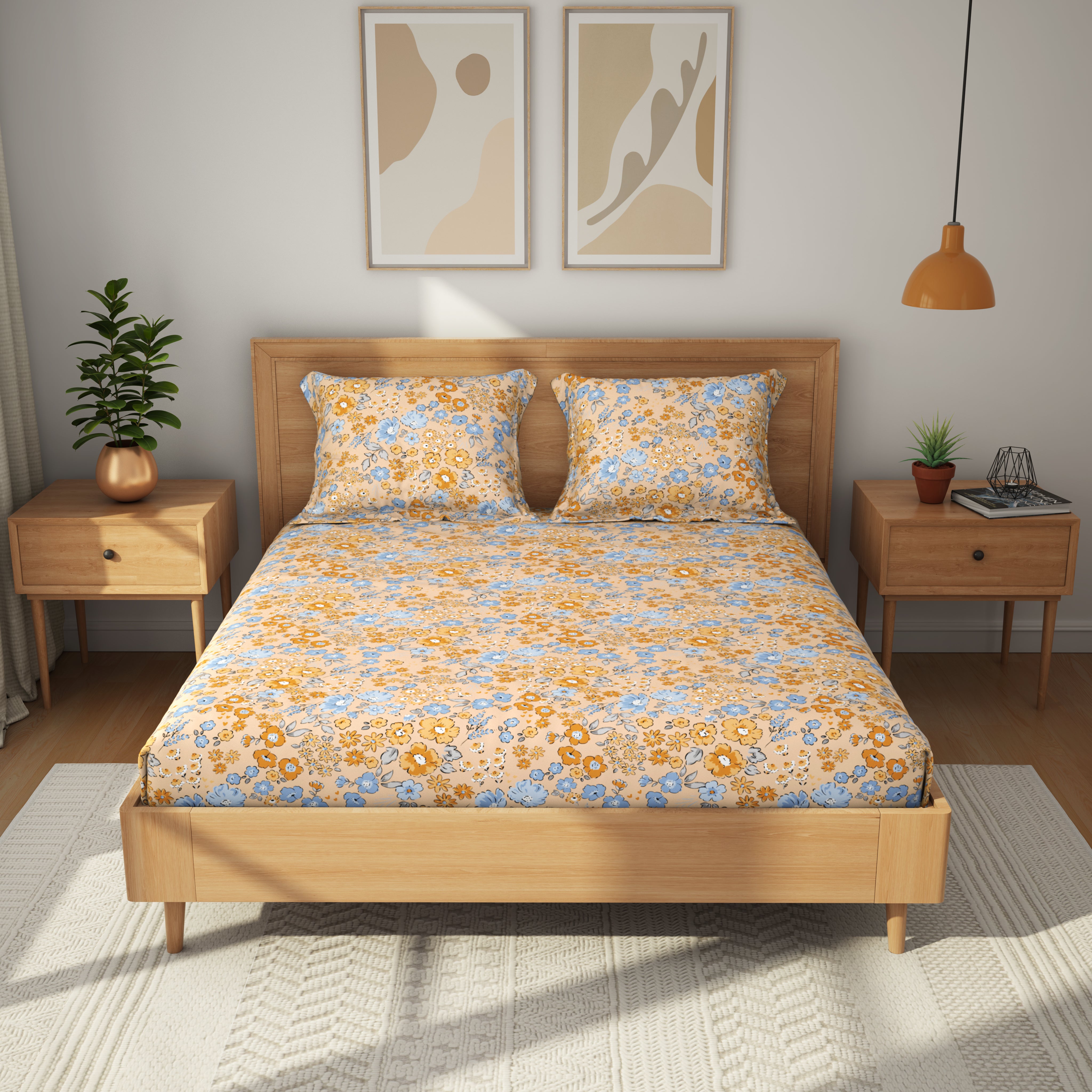 Comfort Collection, Tropical Garden | Printed King Bedsheet Set | 120 TC Cotton - Dusky Peach by Himeya