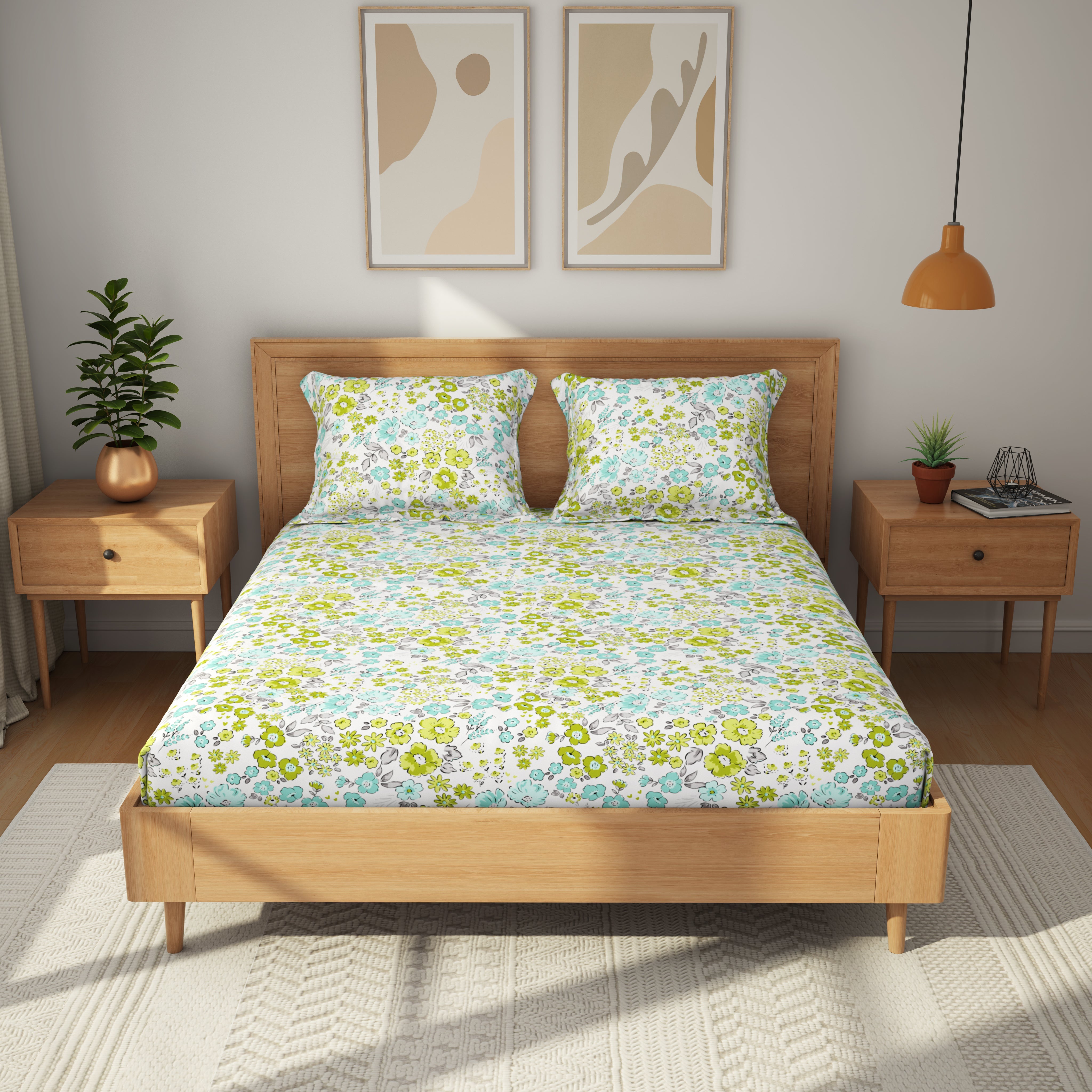 Comfort Collection, Tropical Garden | Printed Double Bedsheet Set | 120 TC Cotton - Lime Grey by Himeya