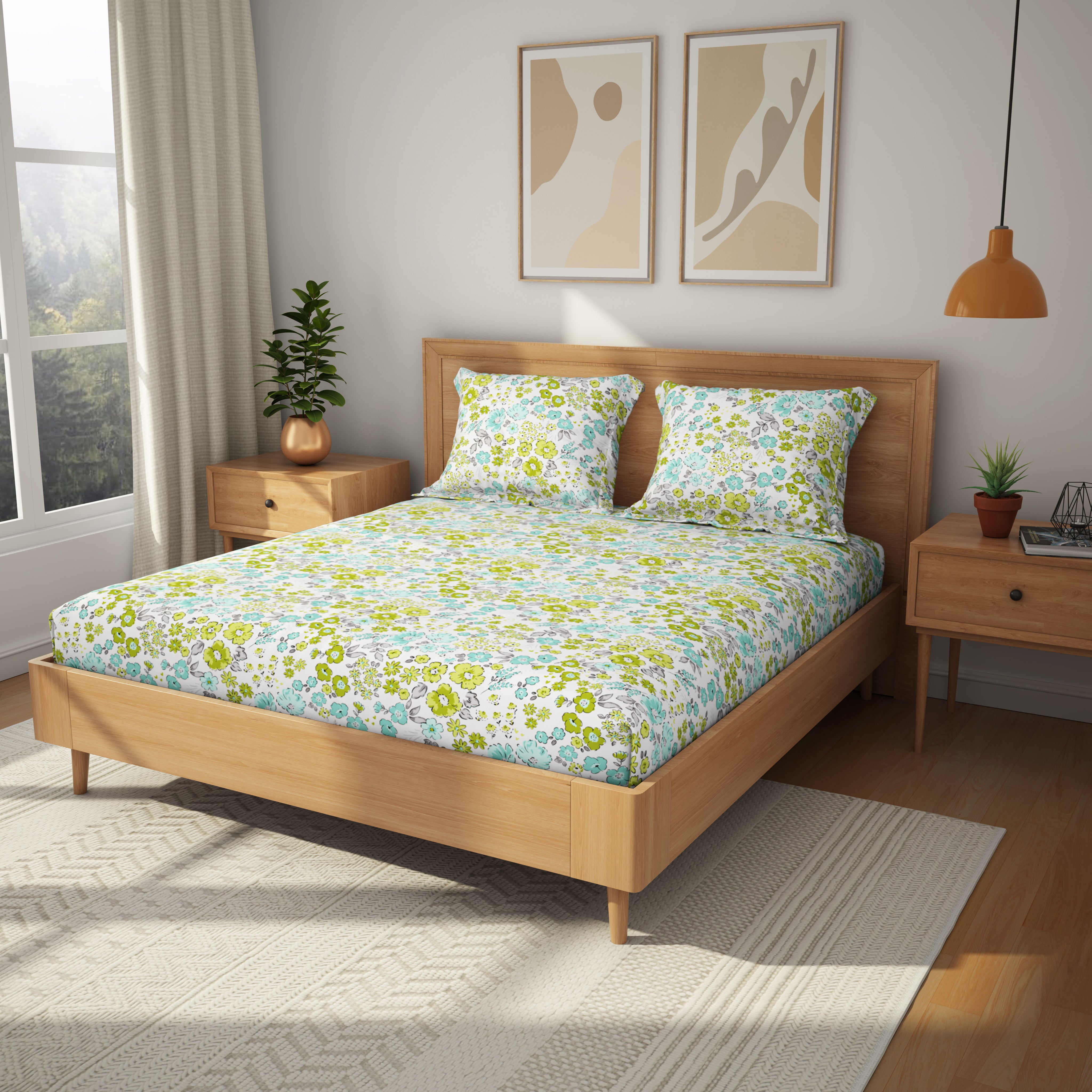 Comfort Collection, Tropical Garden | Printed King Bedsheet Set | 120 TC Cotton - Lime Grey by Himeya