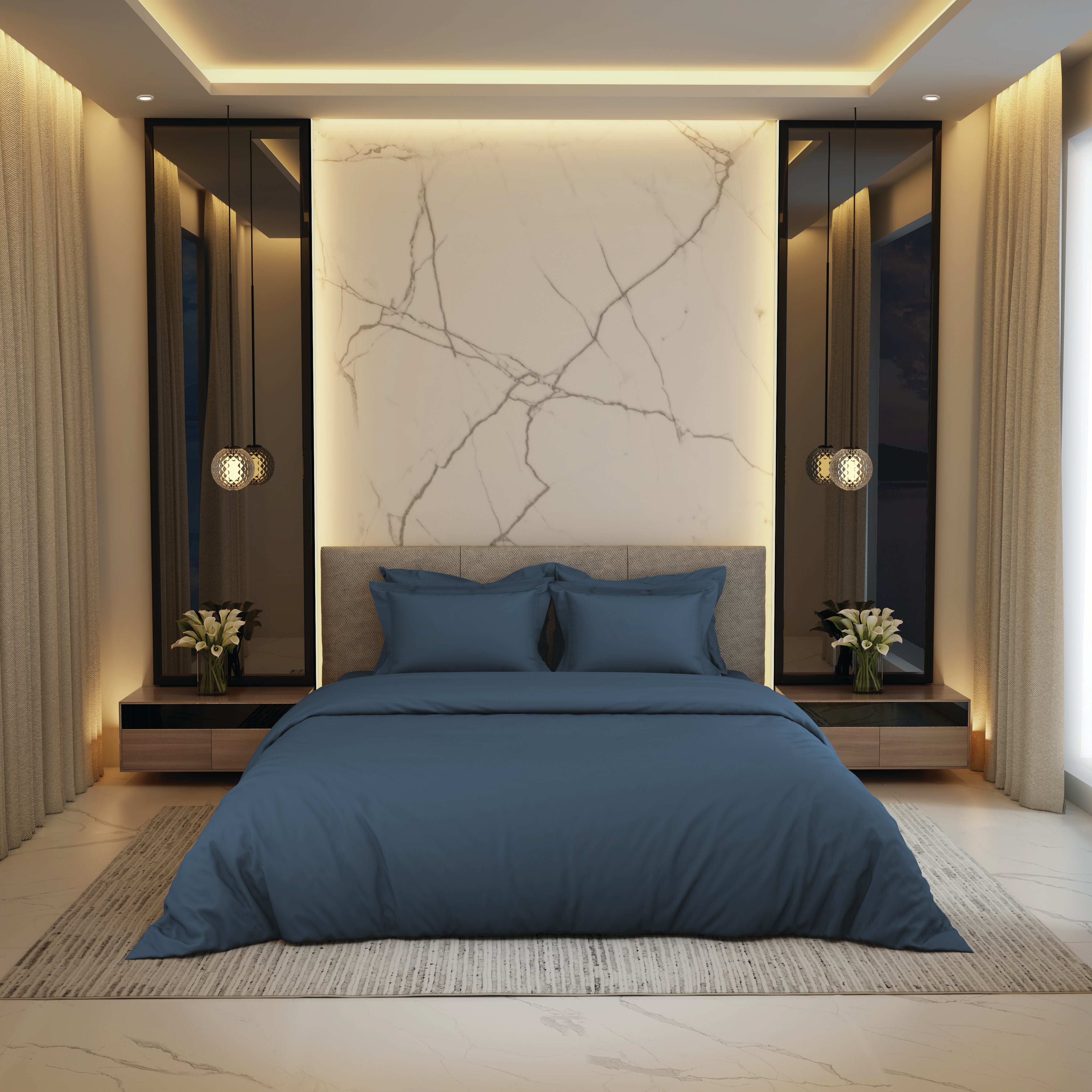 Gold Collection, Impression | Printed King Bedsheet Set | 300 TC Cotton - Denim Blue by Himeya