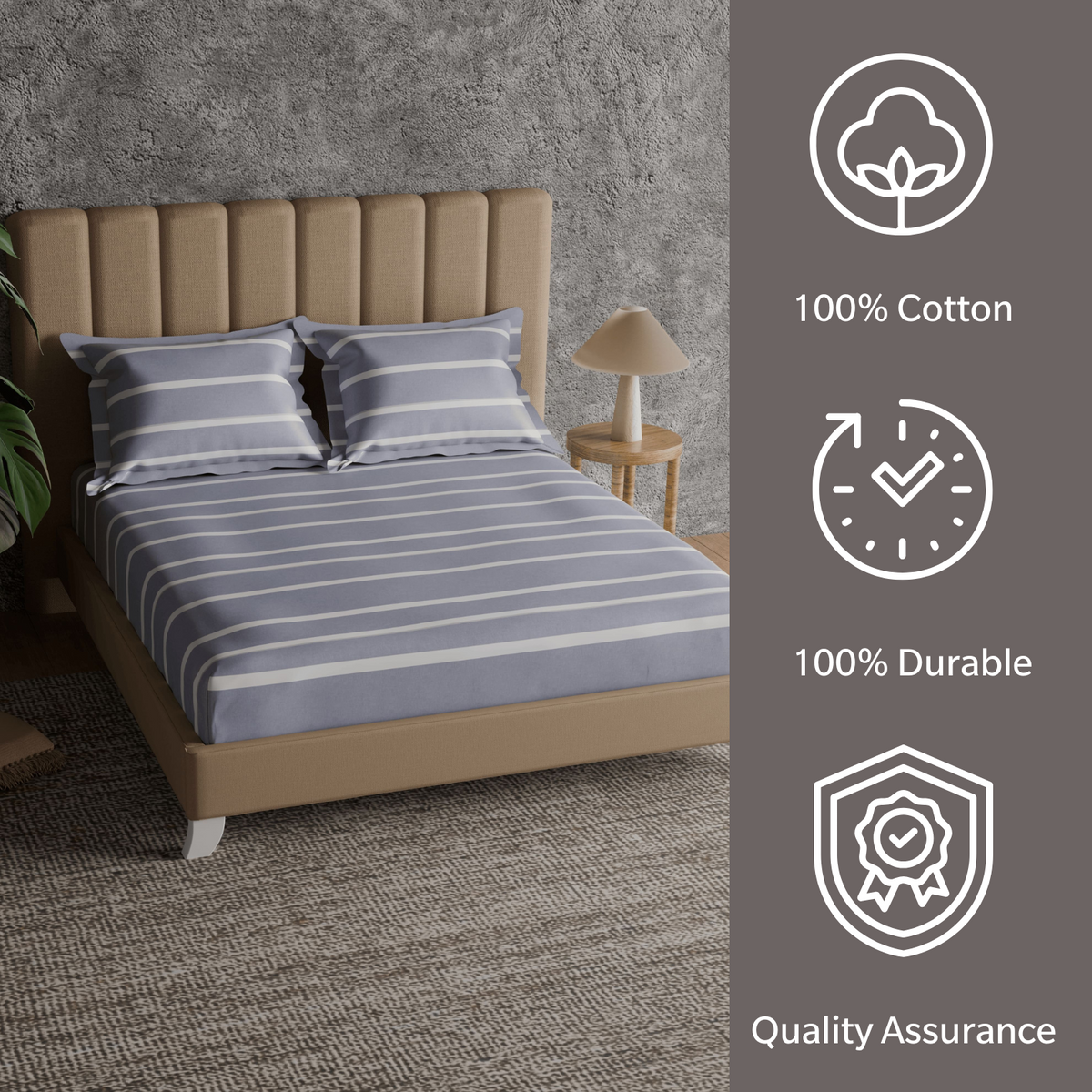 The Exclusive Collection | Printed Double Bedsheet Set | 144 TC Cotton | Chambary Stripe