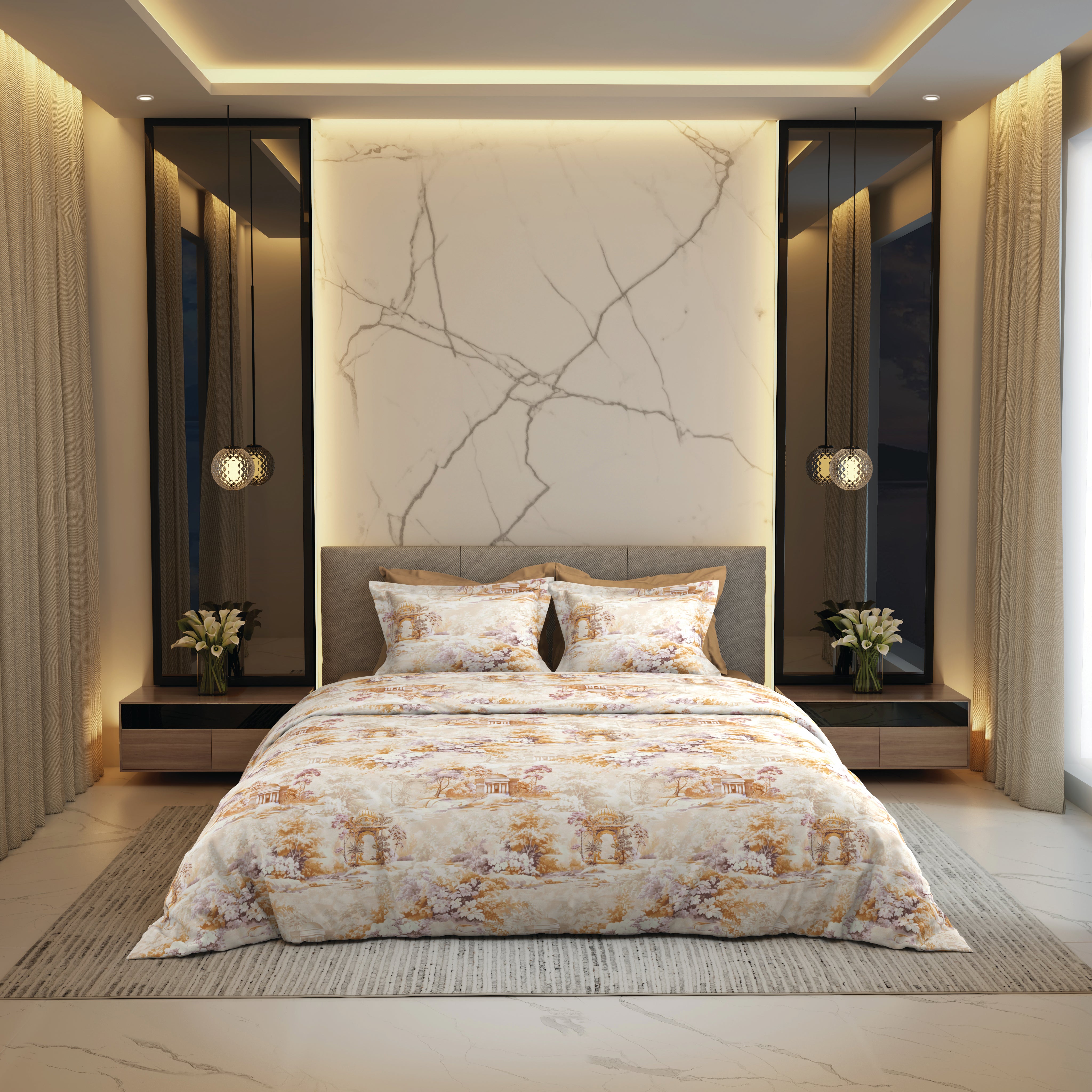 The Gold Collection | Printed King Bedsheet Set | 300 TC Cotton | Sepia Yellow