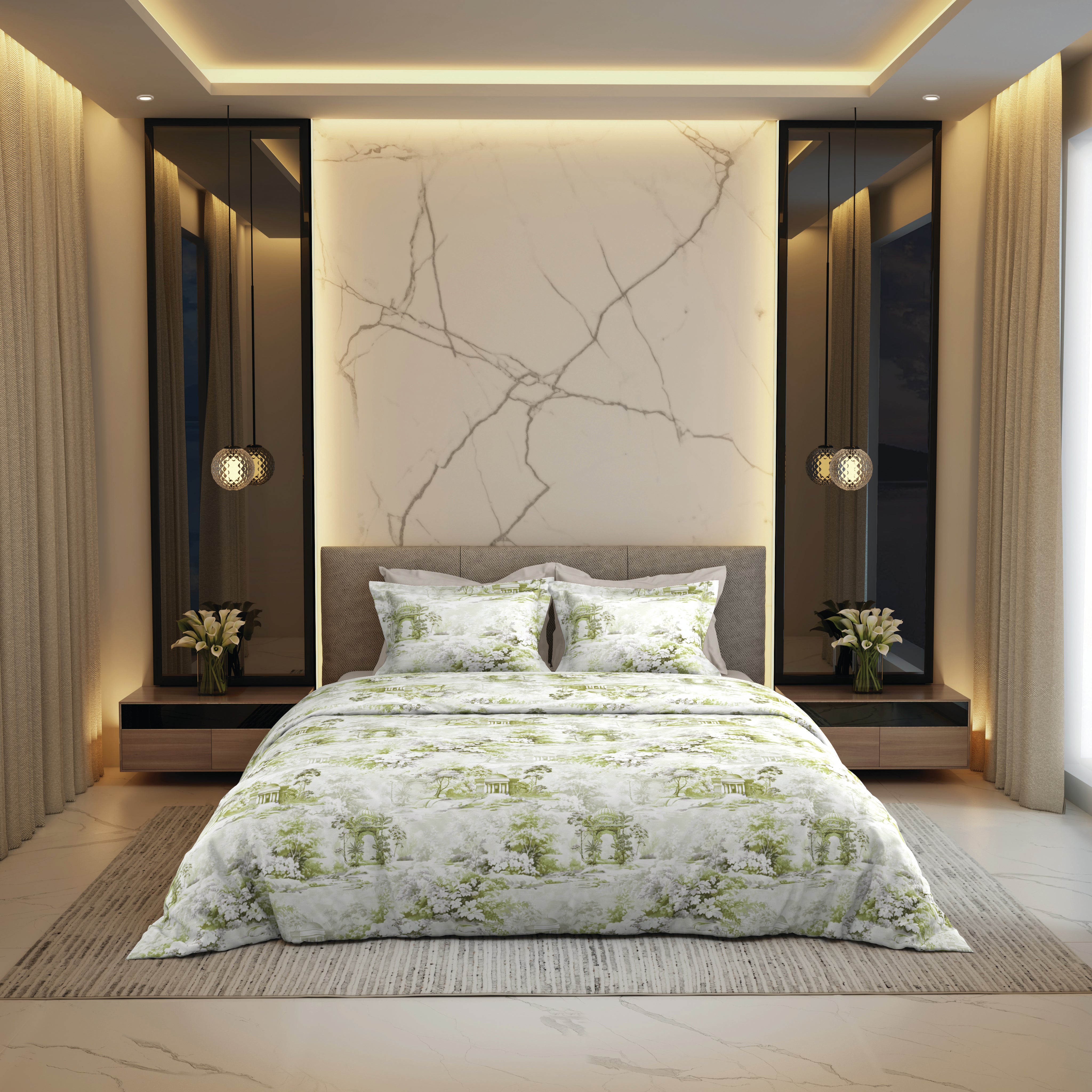 The Gold Collection | Printed King Bedsheet Set | 300 TC Cotton | Olive Green