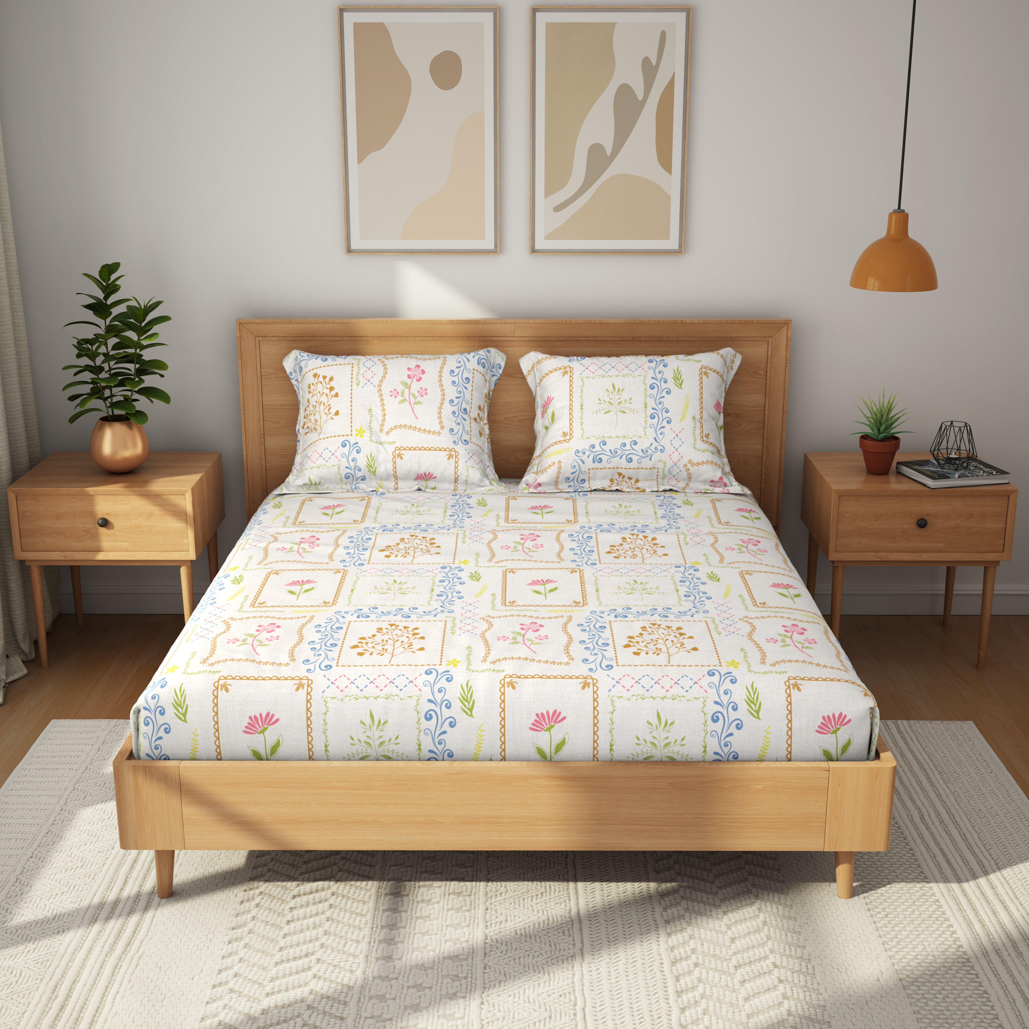 Comfort Collection, Tropical Garden | Printed King Bedsheet Set | 120 TC Cotton - Ivory Shell by Himeya