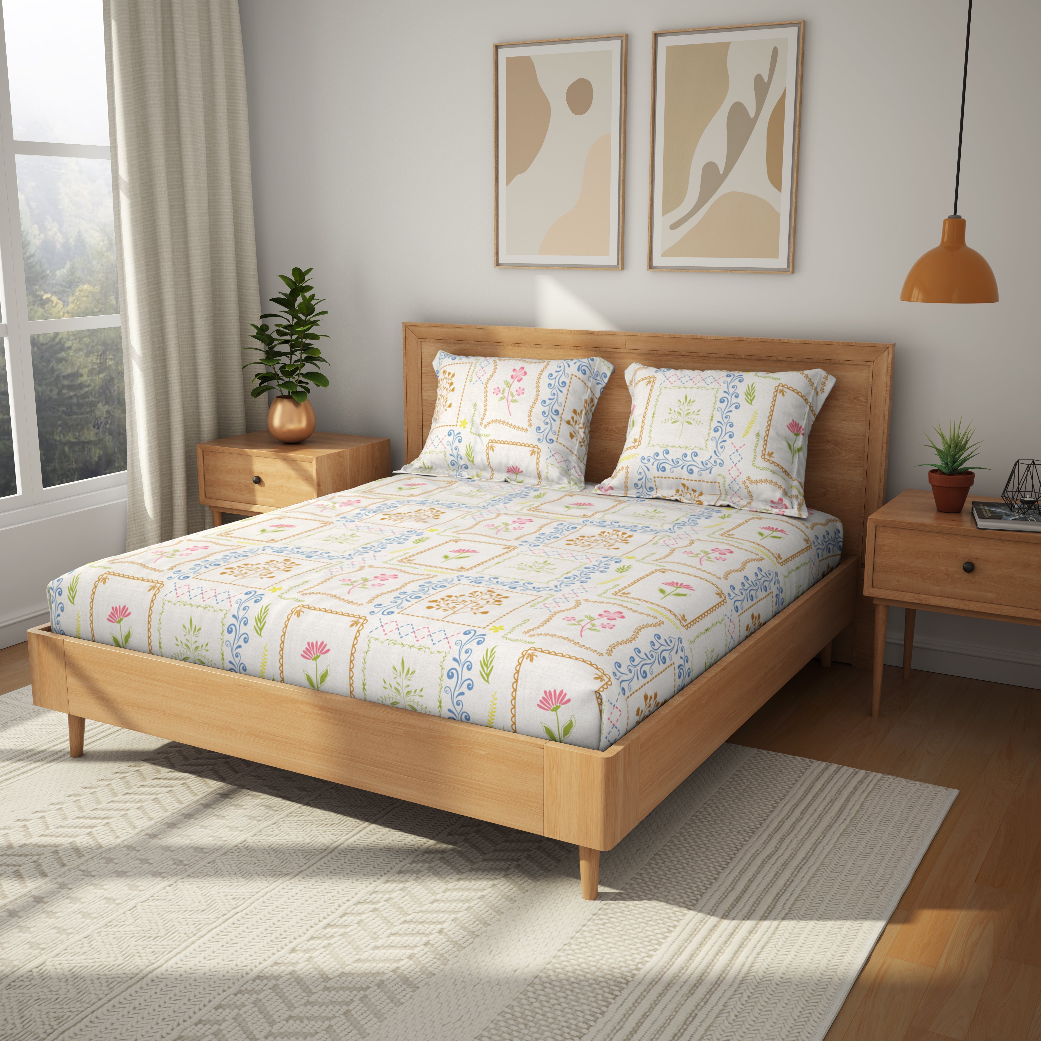 Comfort Collection, Tropical Garden | Printed Double Bedsheet Set | 120 TC Cotton - Ivory Shell by Himeya