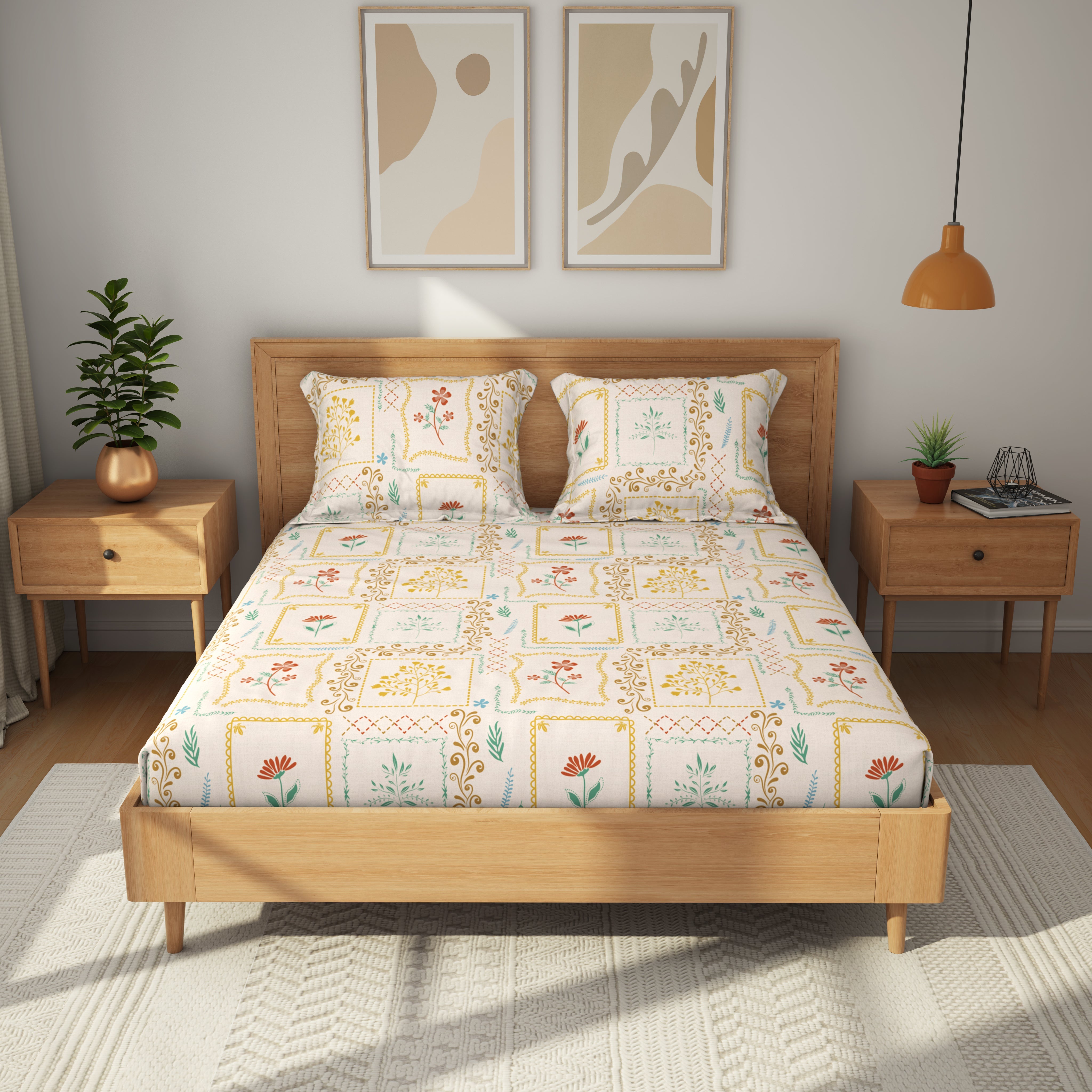 Comfort Collection, Tropical Garden | Printed Double Bedsheet Set | 120 TC Cotton - Mustard Yellow by Himeya