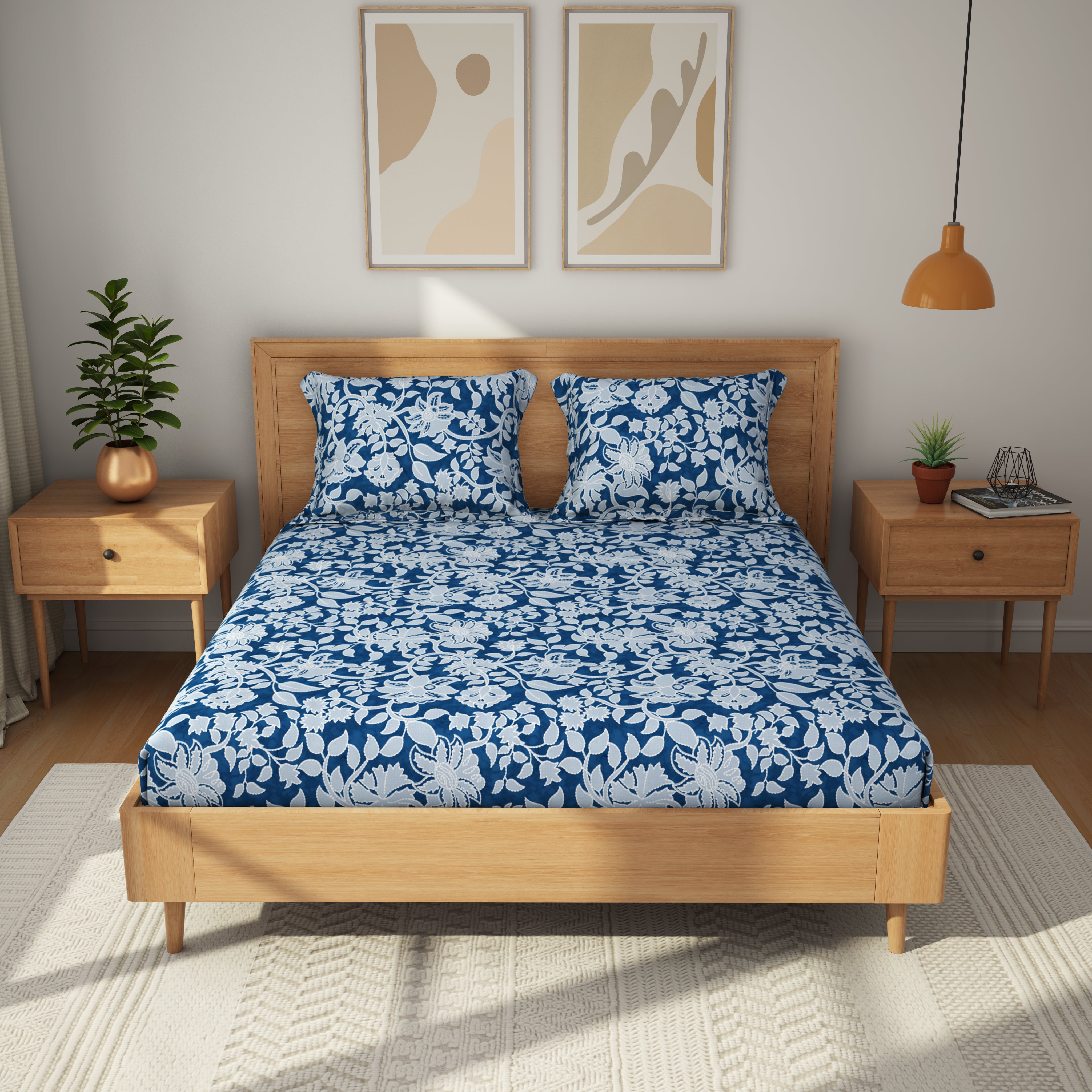 Comfort Collection, Tropical Garden | Printed Double Bedsheet Set | 120 TC Cotton - Indigo Blue by Himeya