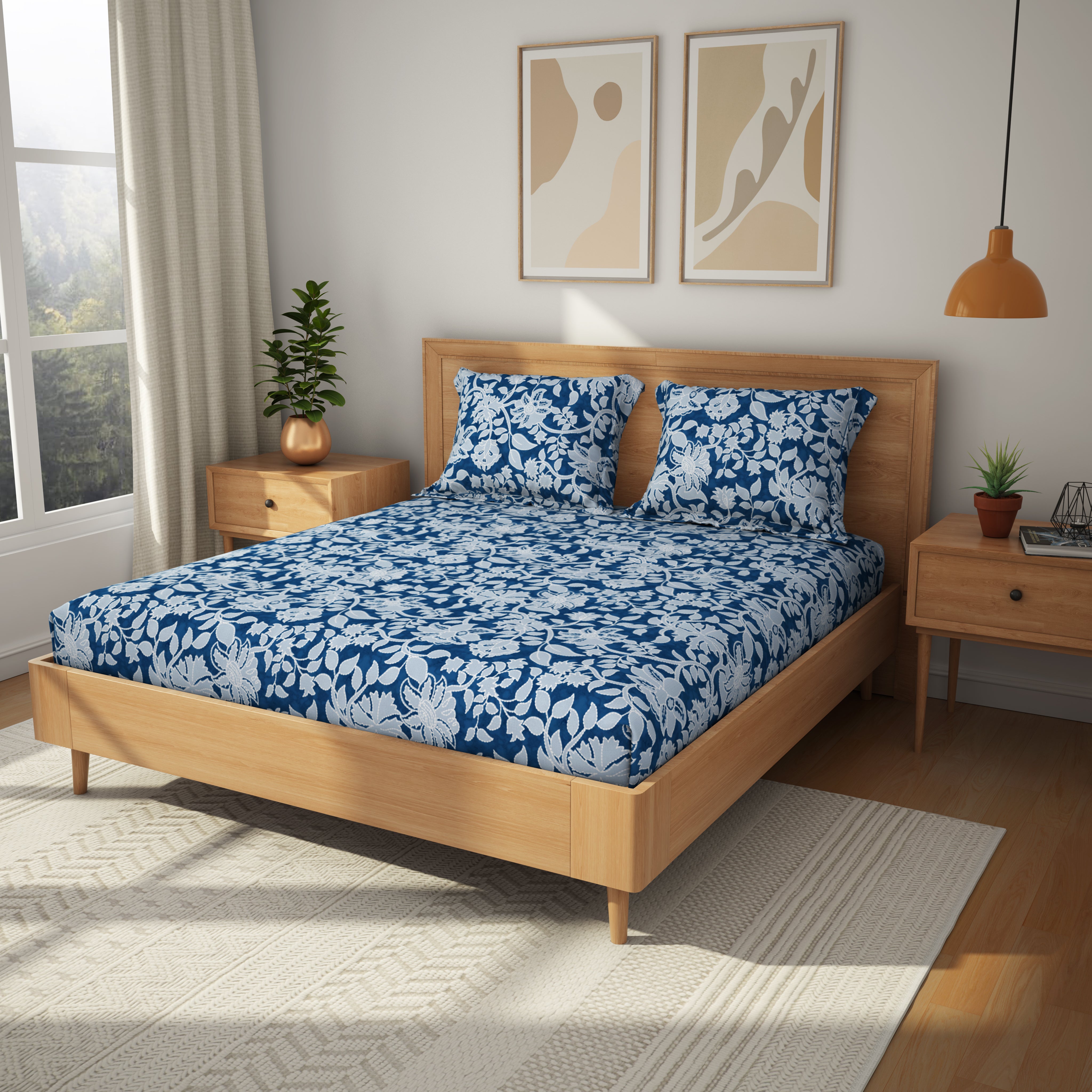 Comfort Collection, Tropical Garden | Printed King Bedsheet Set | 120 TC Cotton - Indigo Blue by Himeya