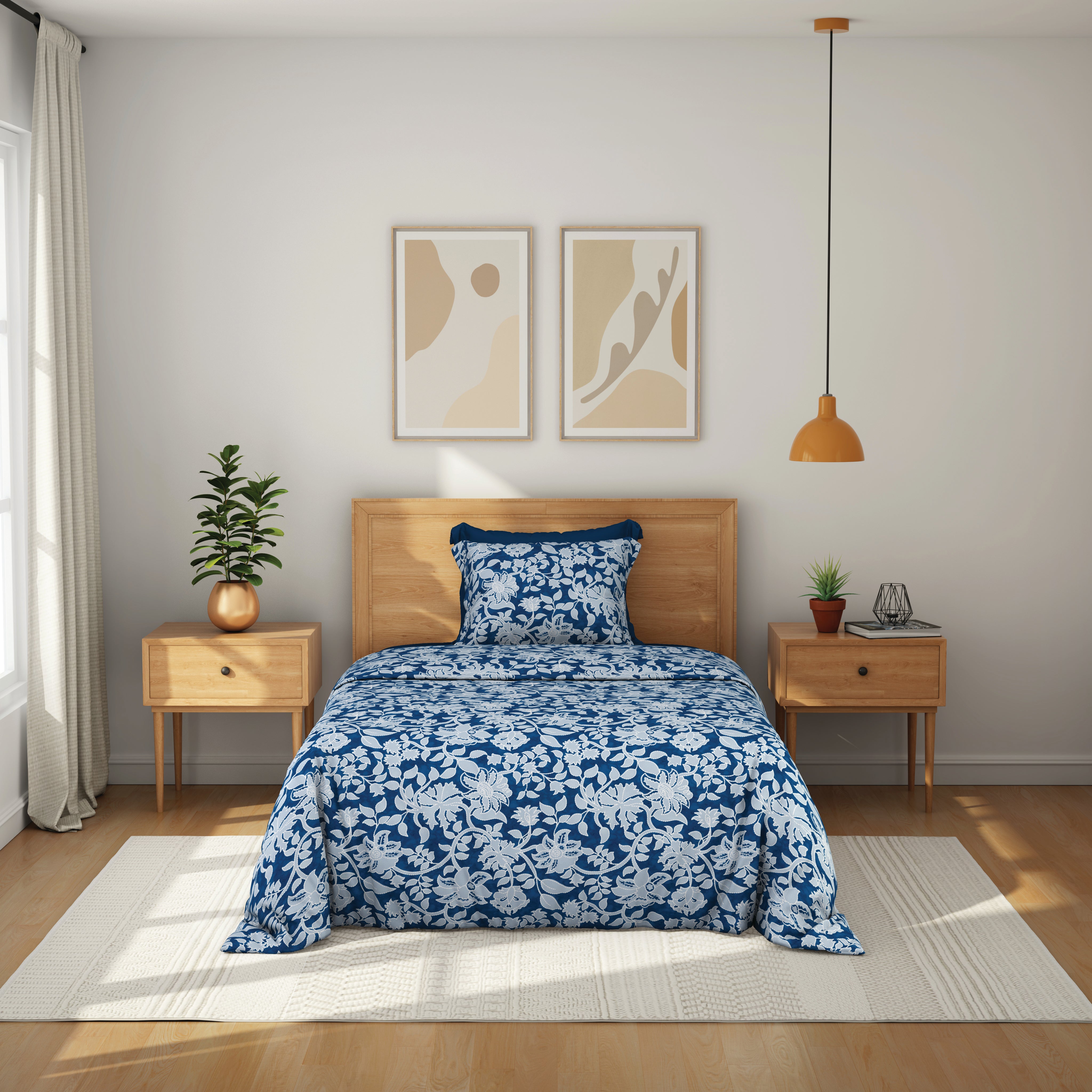 Comfort Collection, Tropical Garden | Single Bedsheet Set | 120 TC Cotton - Indigo Blue - by Himeya