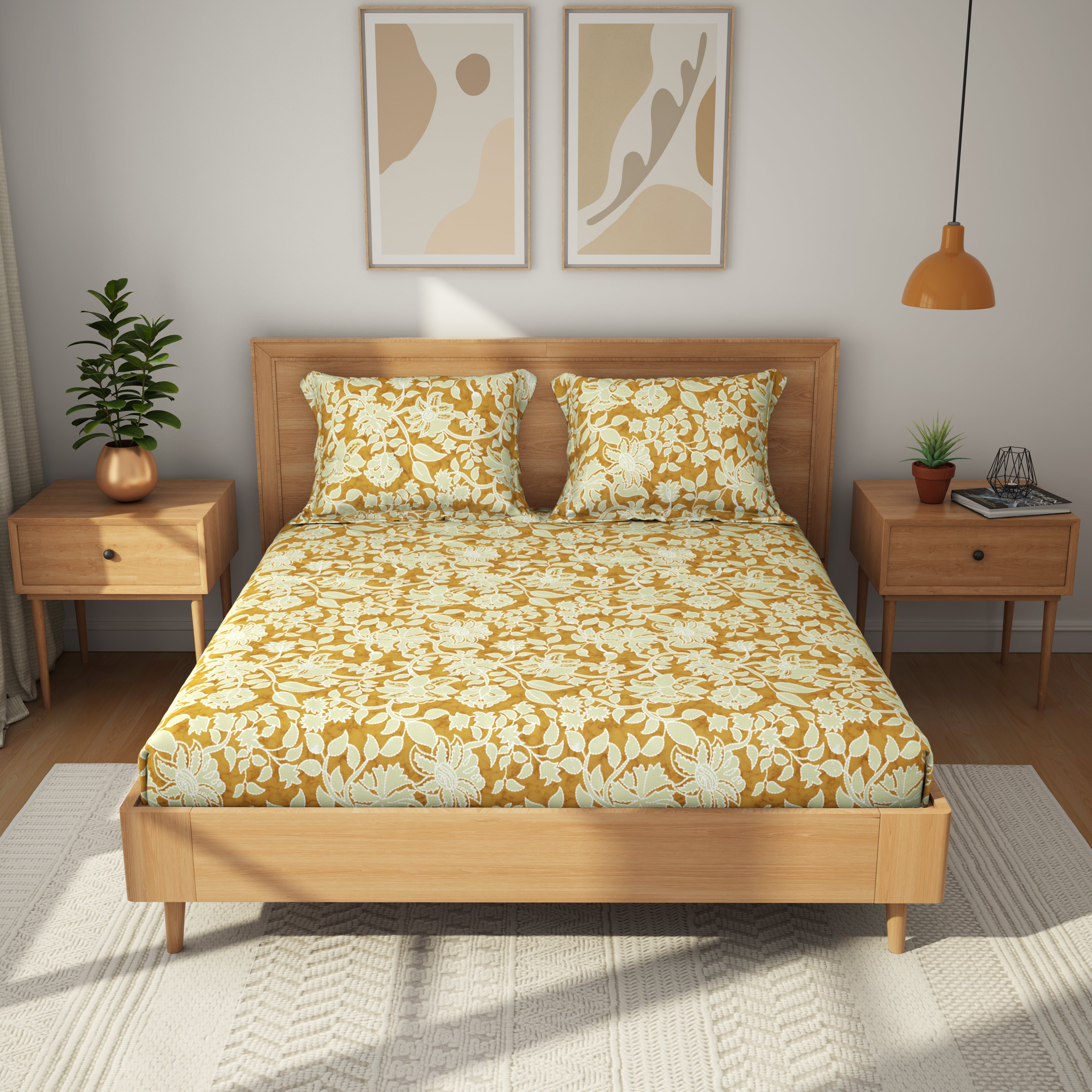Comfort Collection, Tropical Garden | Printed King Bedsheet Set | 120 TC Cotton - Olive Yellow by Himeya