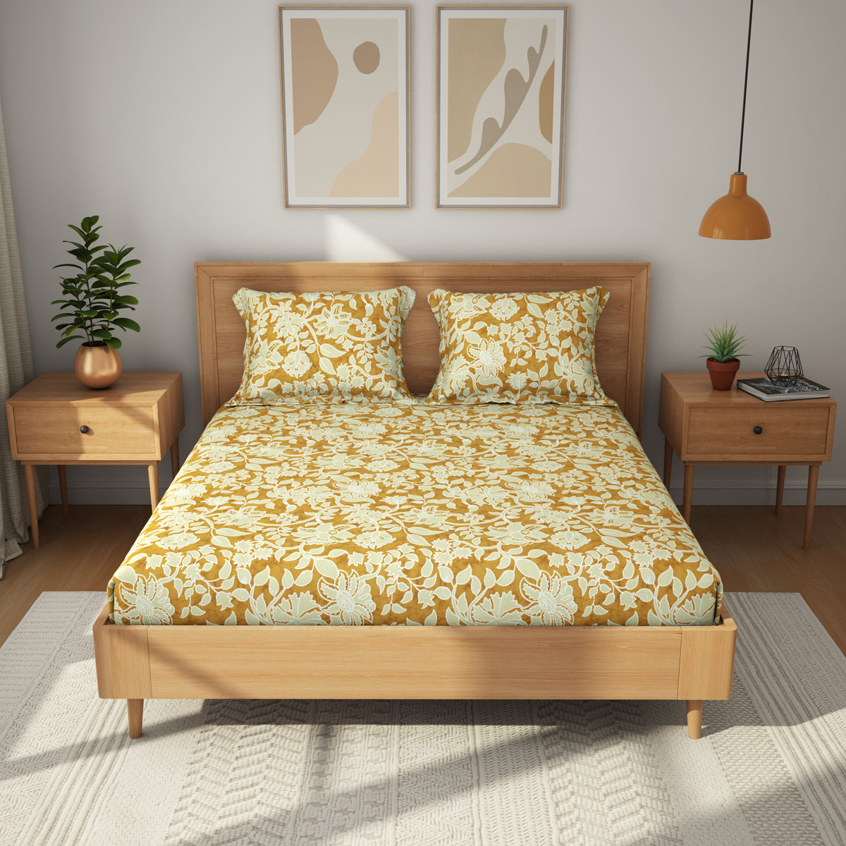 The Comfort Collection | Printed King Bedsheet Set | 120 TC Cotton | Olive Yellow