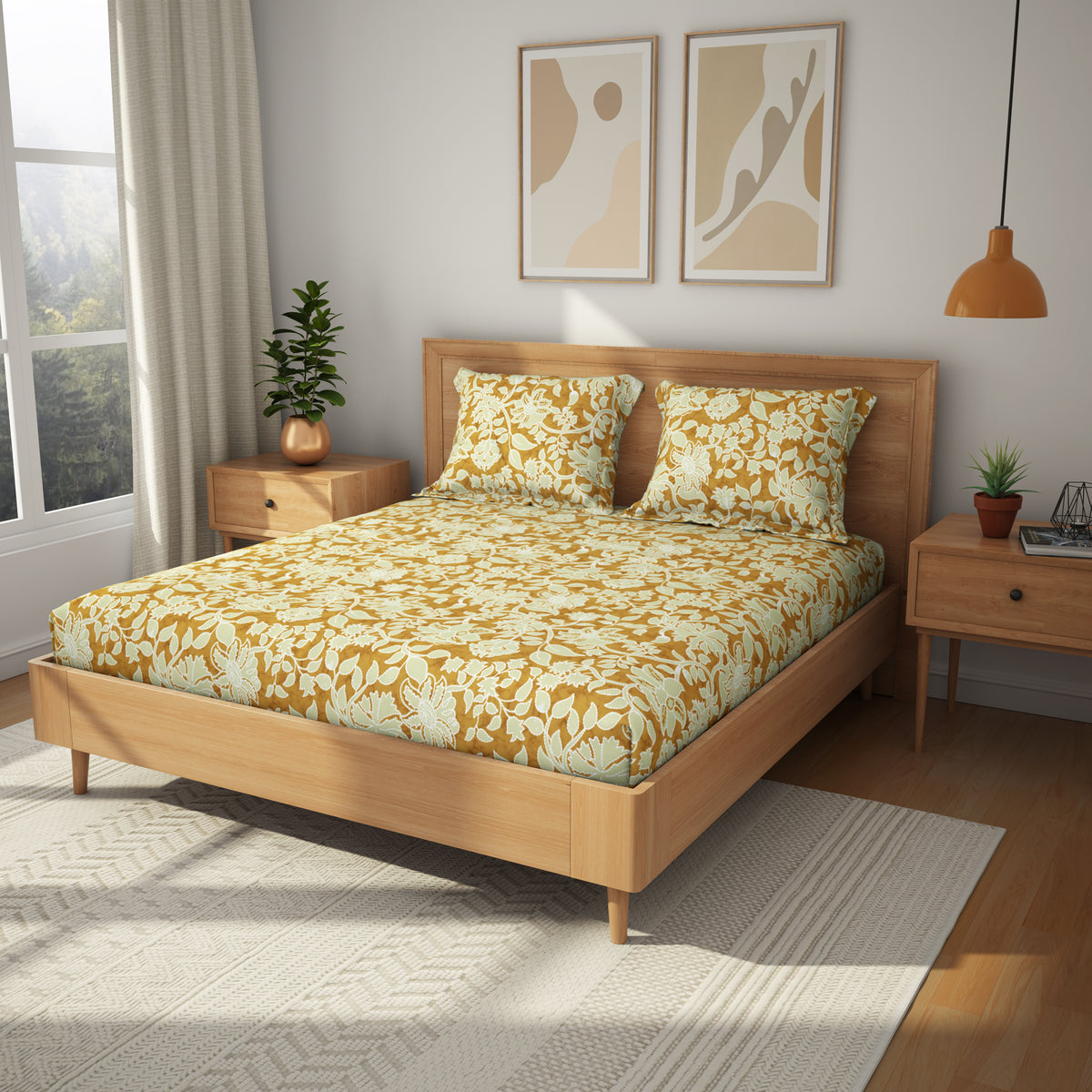 The Comfort Collection | Printed King Bedsheet Set | 120 TC Cotton | Olive Yellow