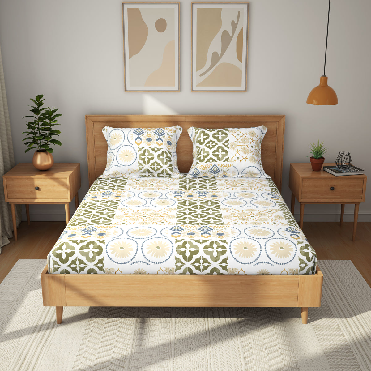 The Comfort Collection | Printed King Bedsheet Set | 144 TC Cotton | Olive Dusk