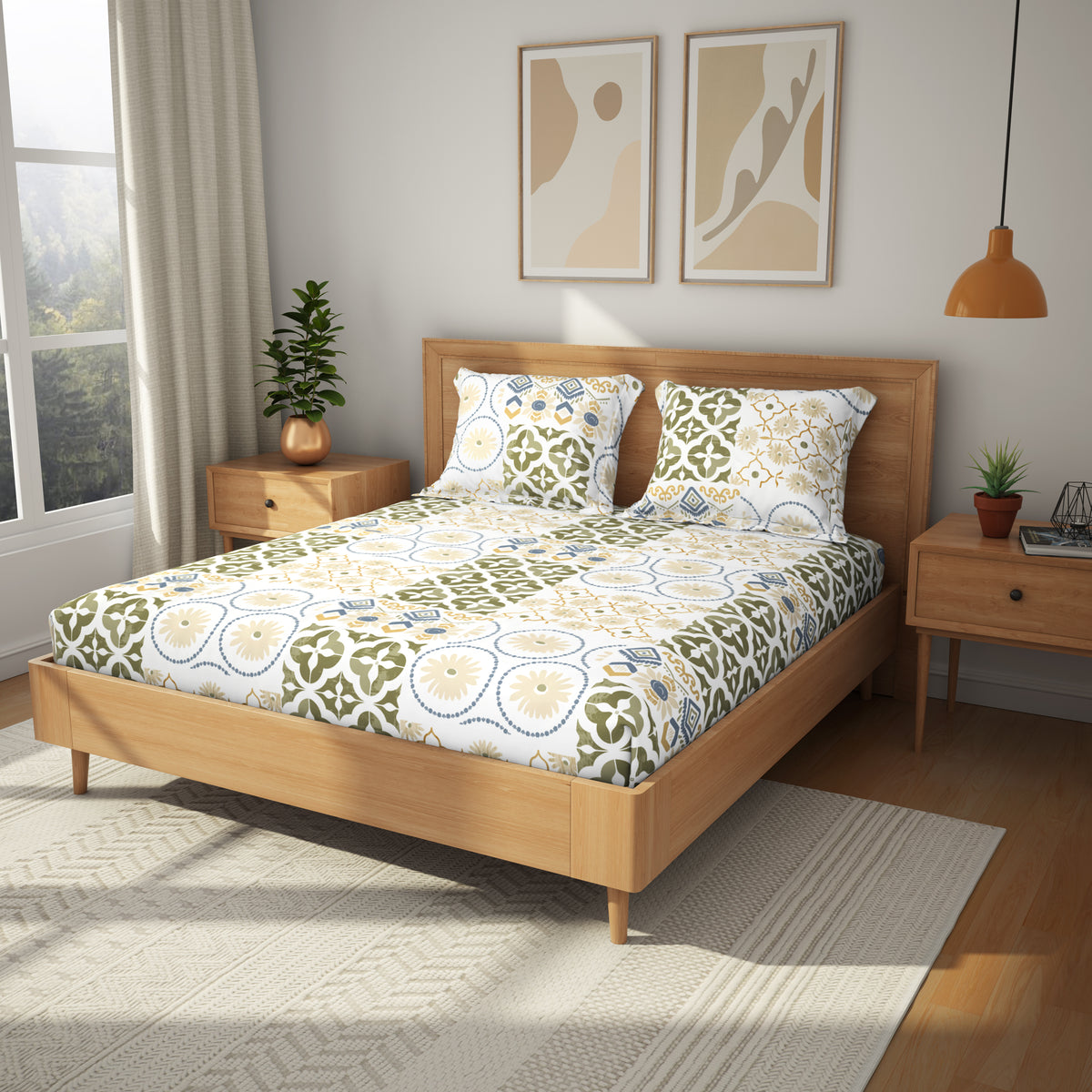 The Comfort Collection | Printed King Bedsheet Set | 144 TC Cotton | Olive Dusk