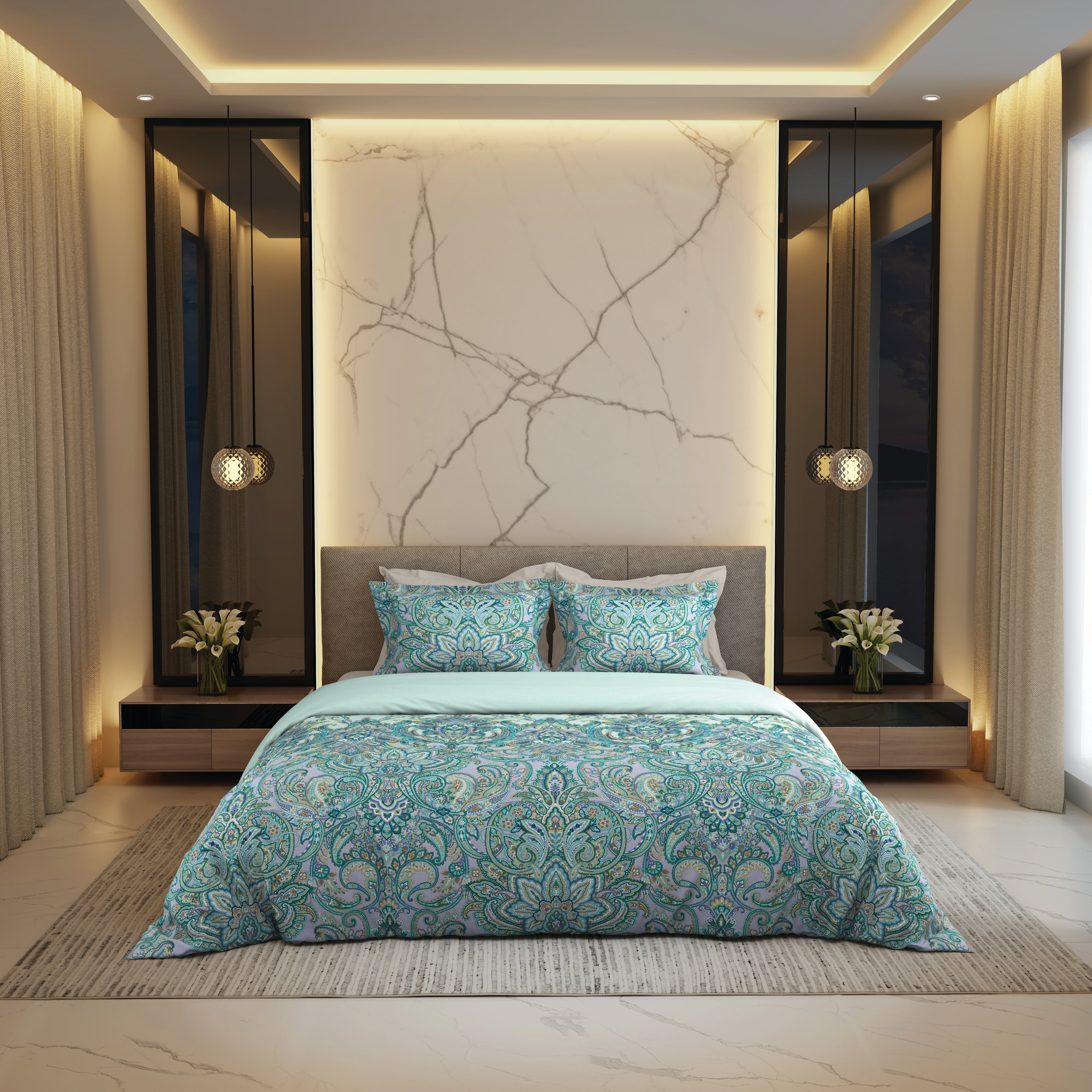 Gold Collection, Royale | Printed King Bedsheet Set | 300 TC Cotton - Crystal Blue by Himeya