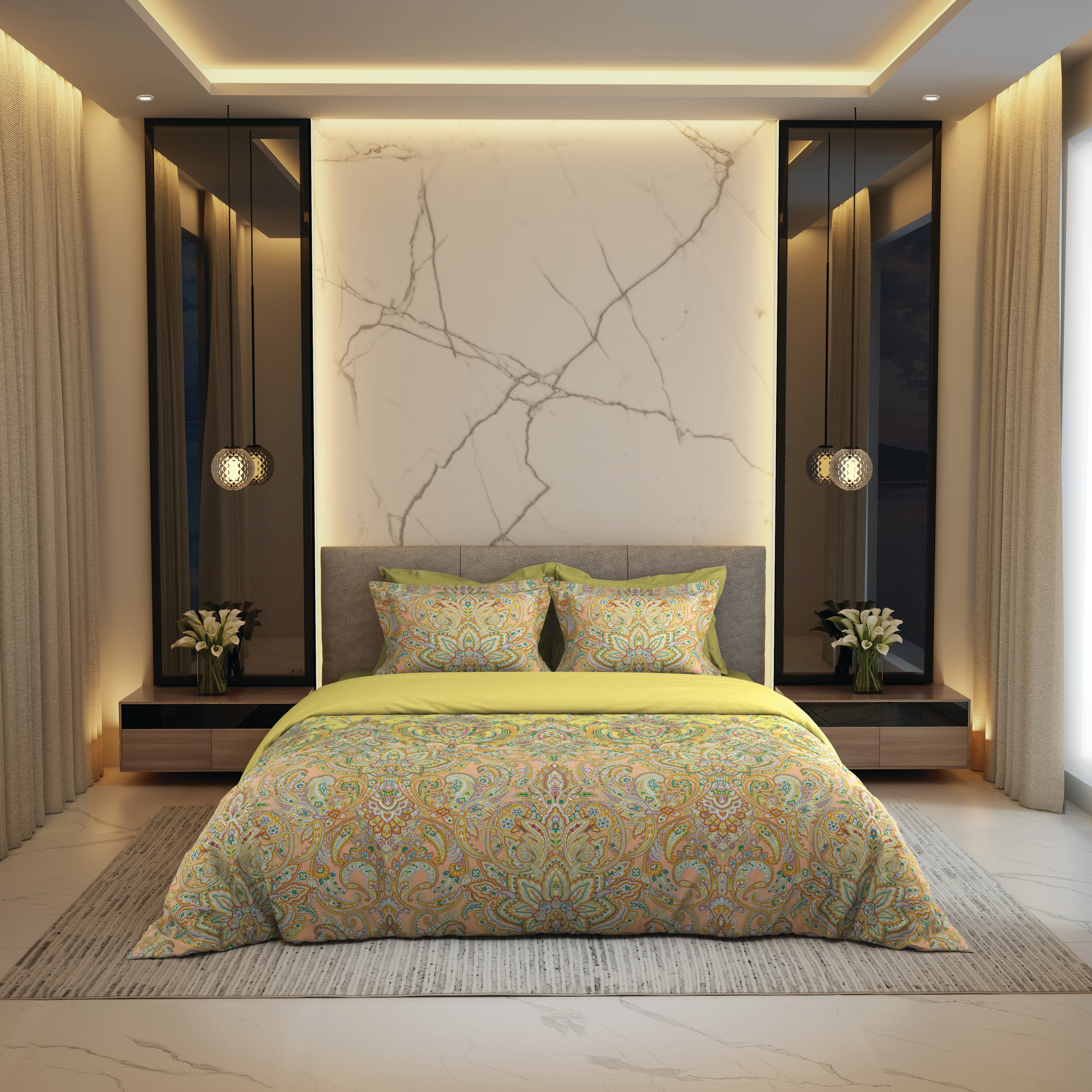 The Gold Collection | Printed King Bedsheet Set | 300 TC Cotton | Golden Yellow