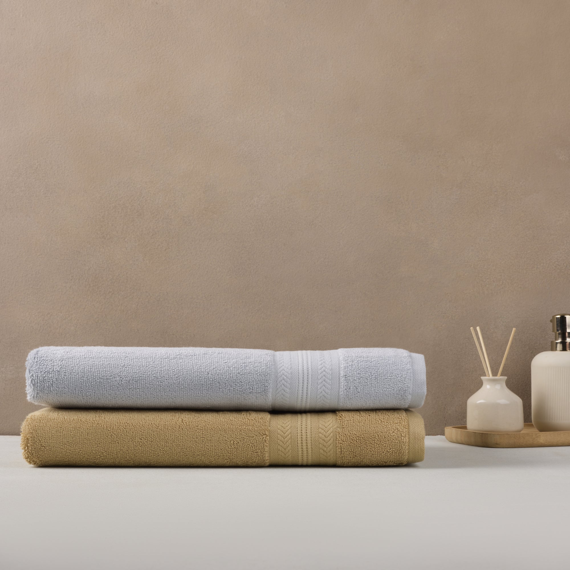 Bamboo Cotton | Bath Towel(Pack of 2) | 600 GSM | Blue & Beige