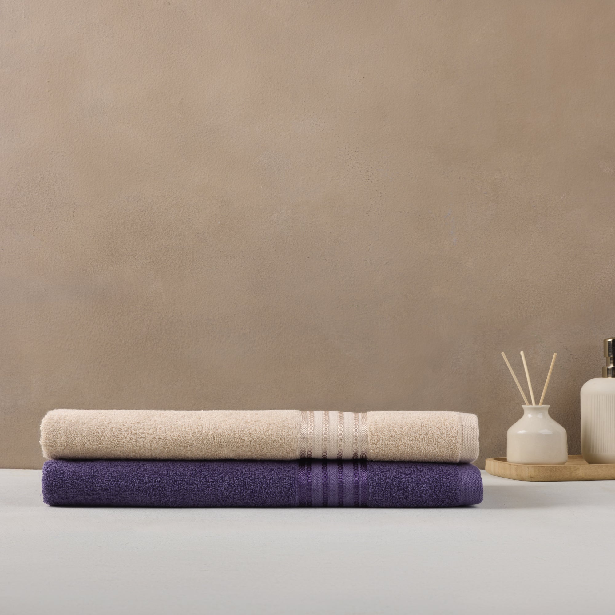 Classic Cotton|Bath Towel (Pack of 2) |380 GSM | Purple & Beige