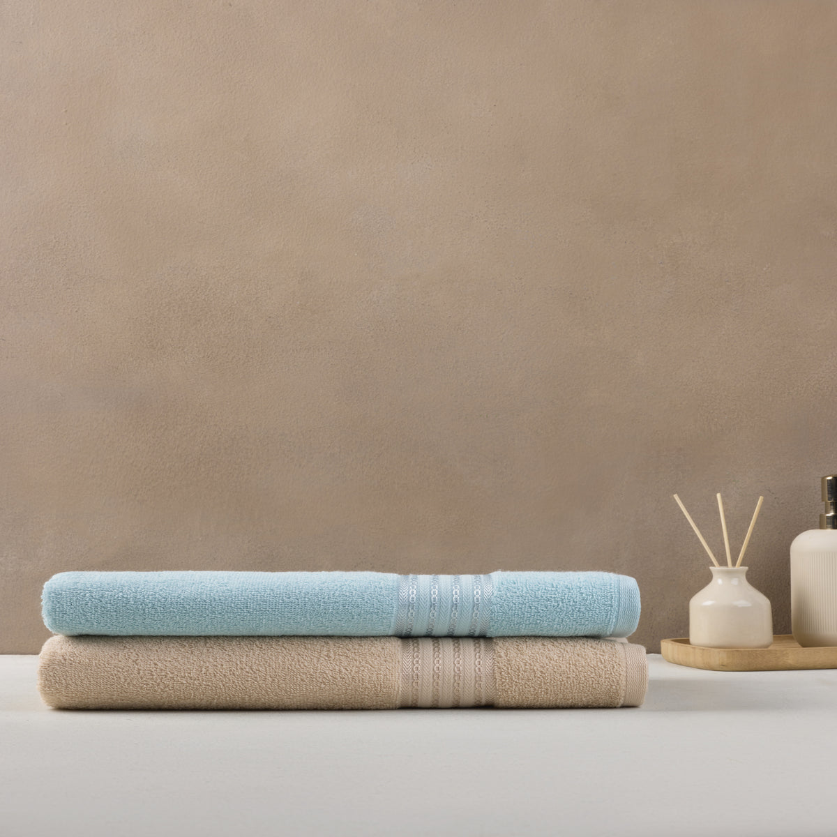 Classic Cotton|Bath Towel (Pack of 2) |380 GSM | Blue & Desert Sand