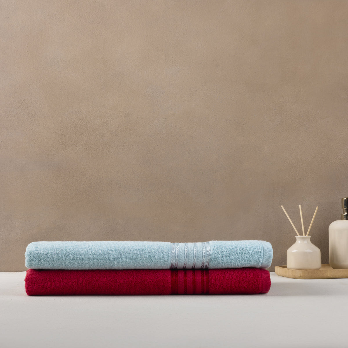 Classic Cotton|Bath Towel (Pack of 2) |380 GSM | Blue & Red