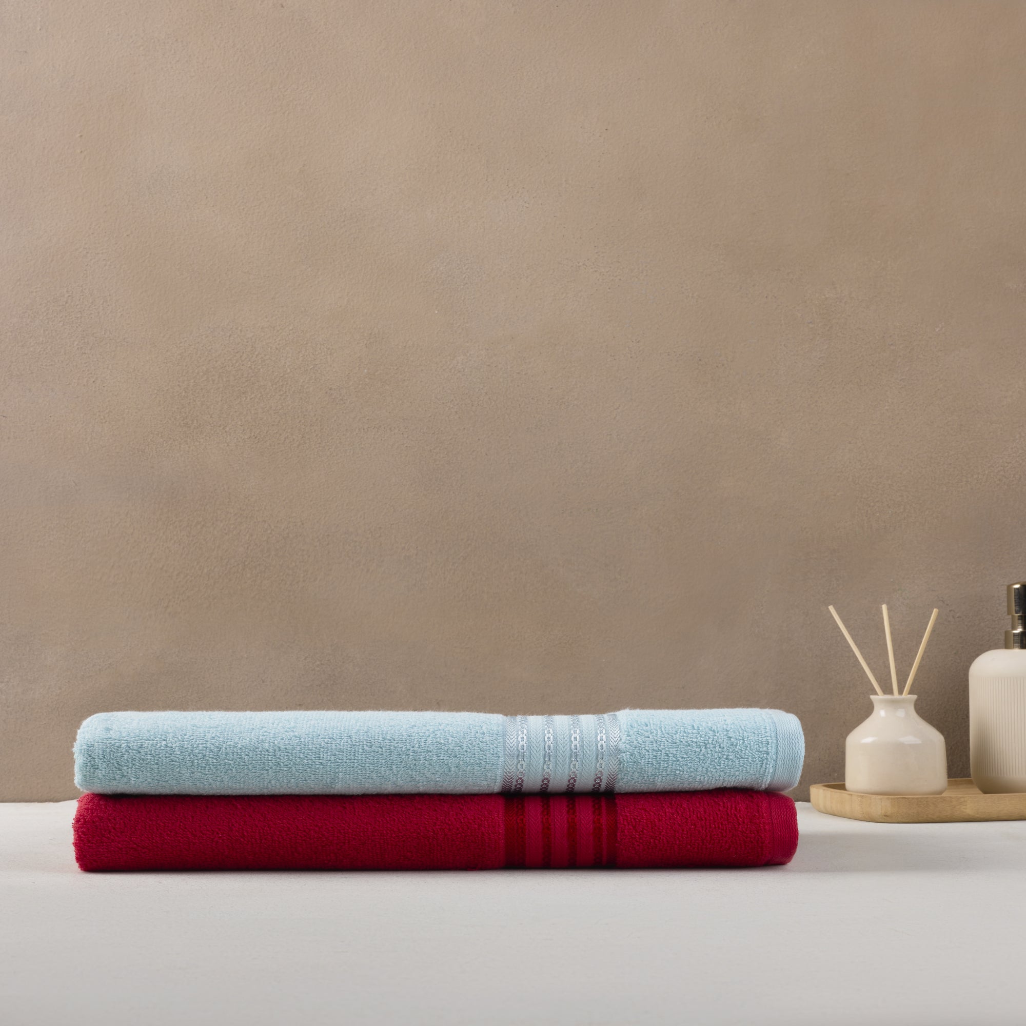 Classic Cotton|Bath Towel (Pack of 2) |380 GSM | Blue & Red