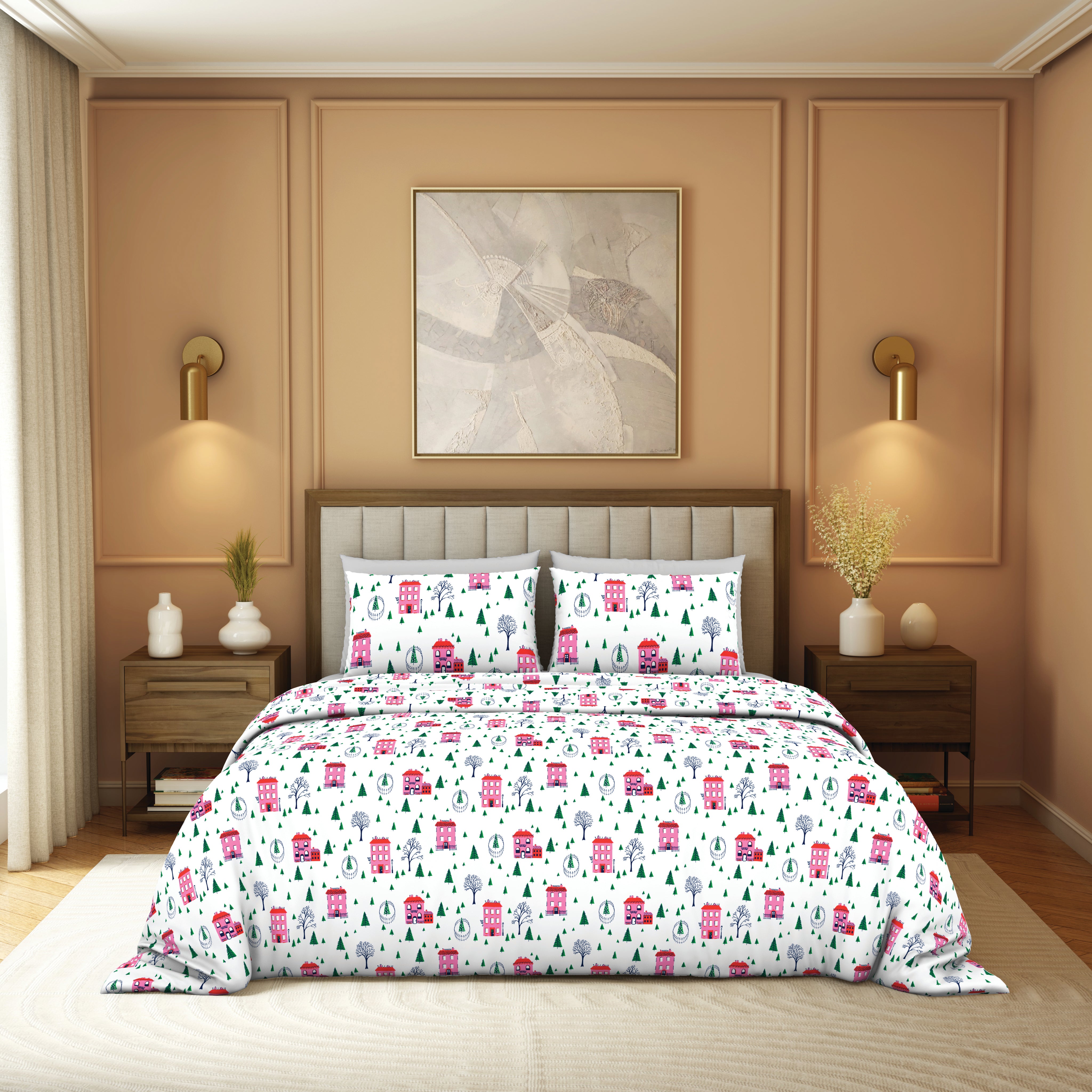 The Elegant Collection | Printed Double Bedsheet Set | 190 TC Cotton | Holiday Village-Multi