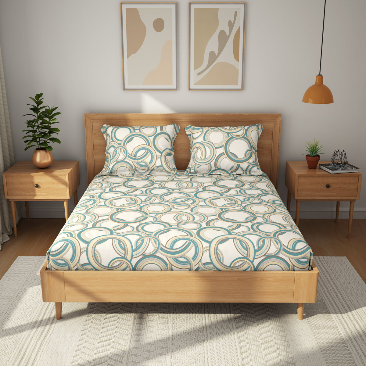 The Comfort Collection | Printed King Bedsheet Set | 120 TC Cotton | Neutral Teal