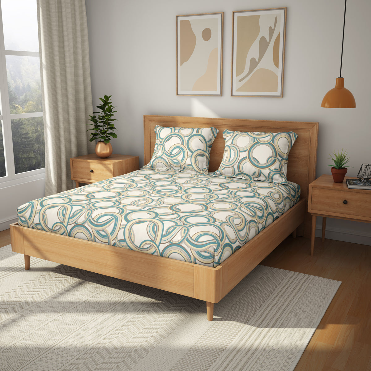 The Comfort Collection | Printed King Bedsheet Set | 120 TC Cotton | Neutral Teal