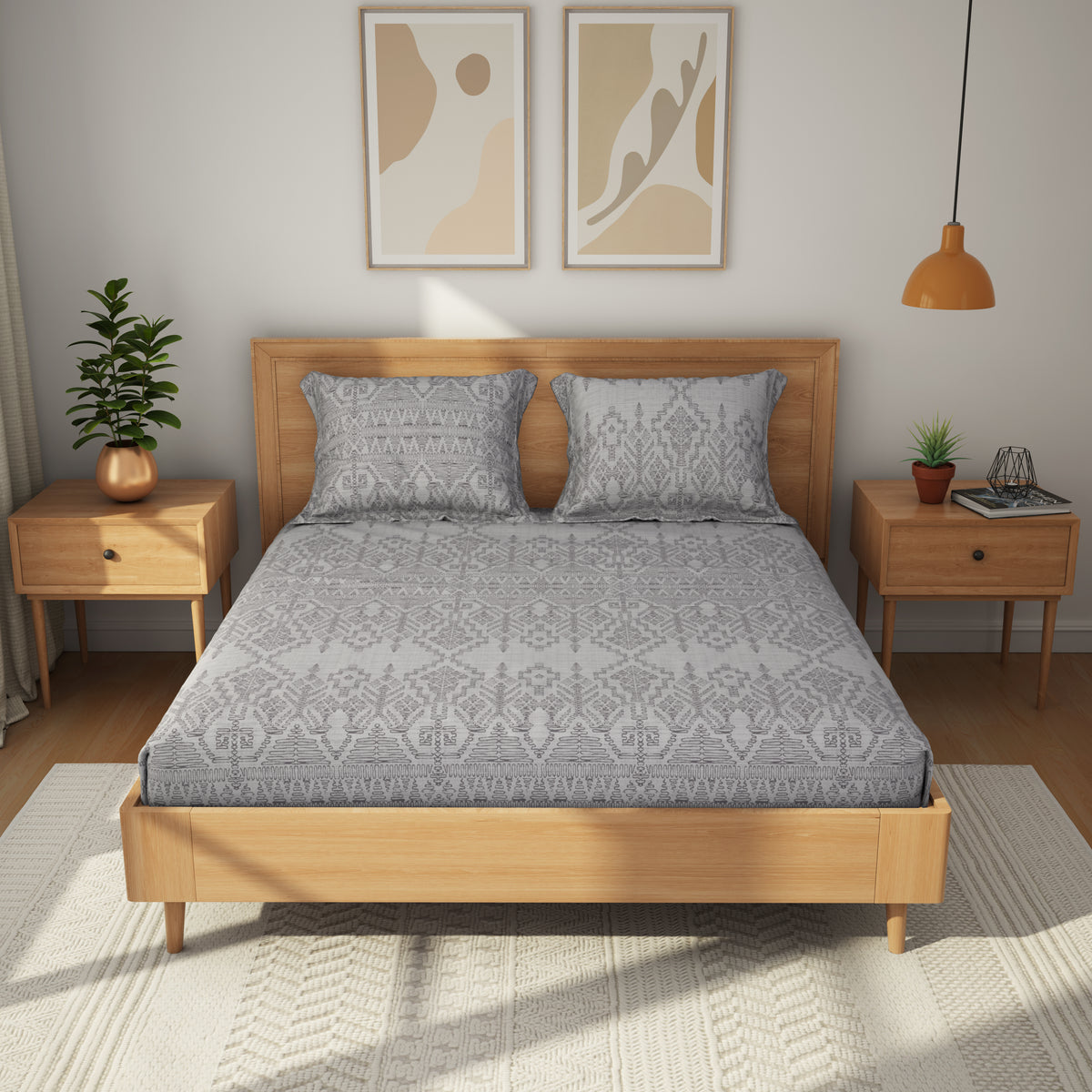 The Comfort Collection | Printed King Bedsheet Set | 144 TC Cotton | Slate Grey