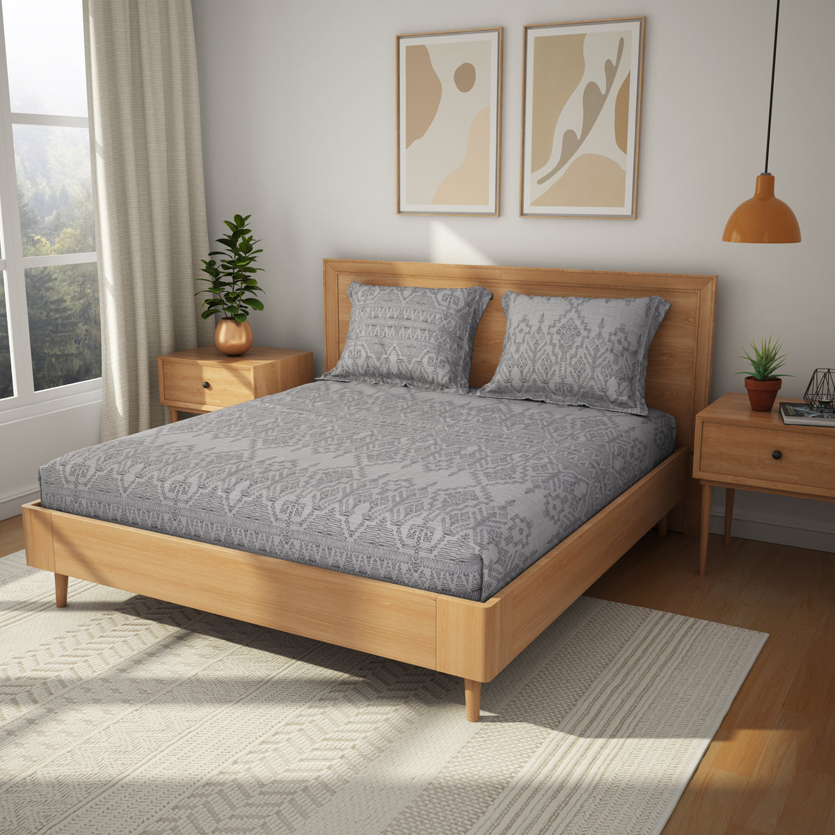 The Comfort Collection | Printed King Bedsheet Set | 144 TC Cotton | Slate Grey